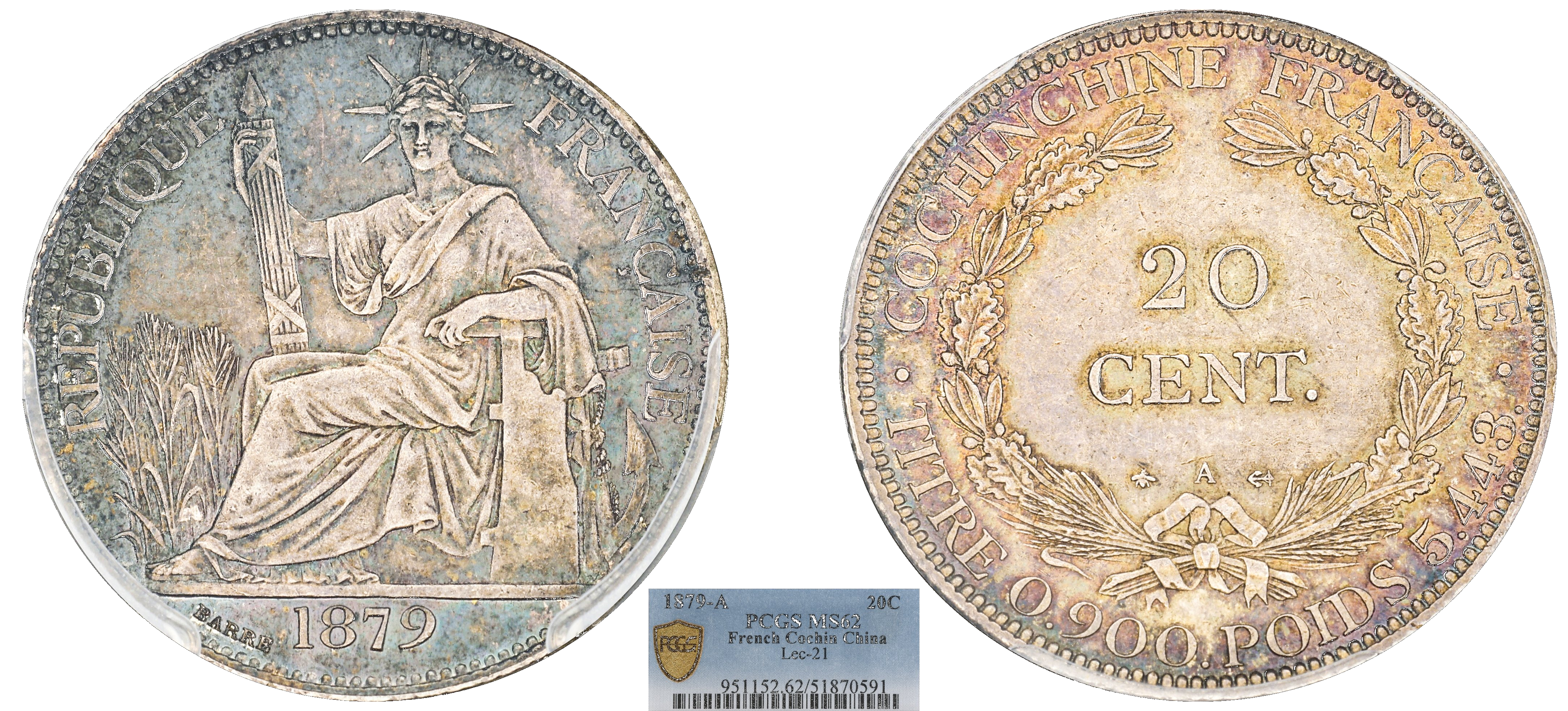 COCHINCHINE FRANÇAISE - 20 CENT 1879 PARIS - PCGS MS62
