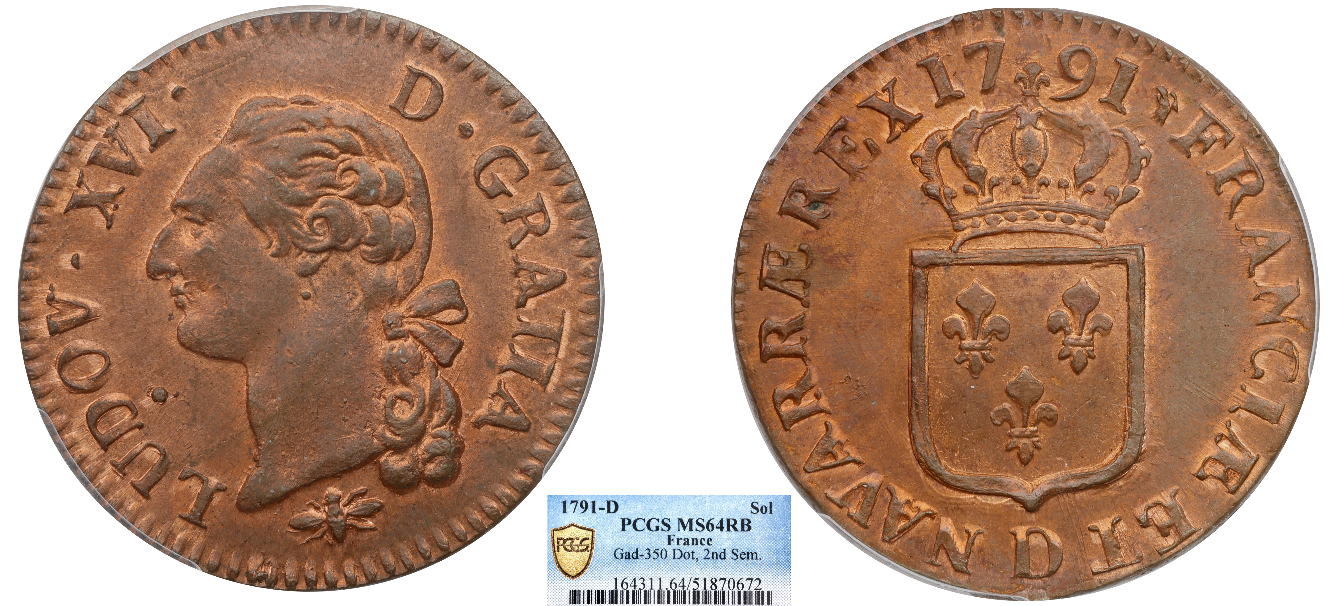 FRANCE - LOUIS XVI - SOL 1791 LYON - PCGS MS64RB