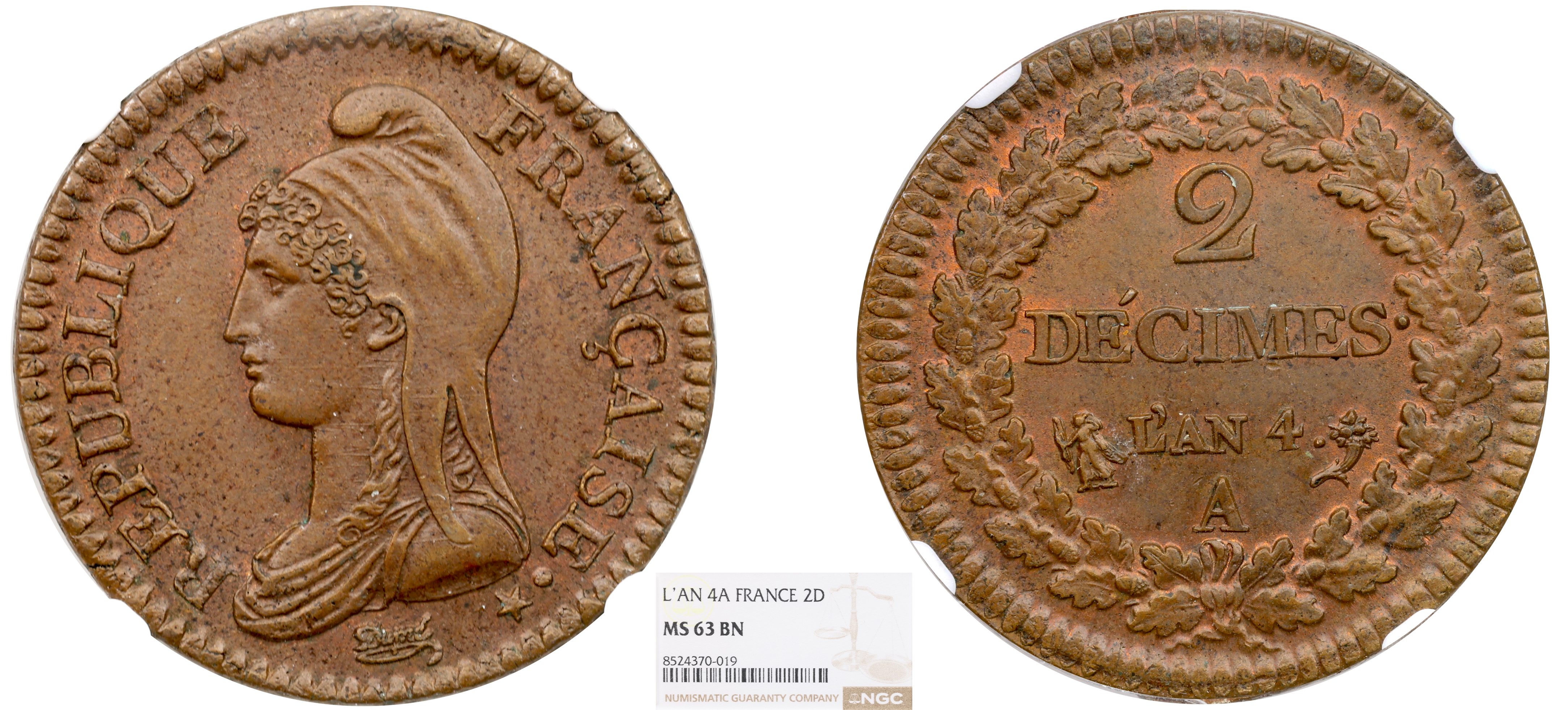 FRANCE - DIRECTOIRE - 2 DÉCIMES DUPRÉ AN 4 PARIS - NGC MS63 BN