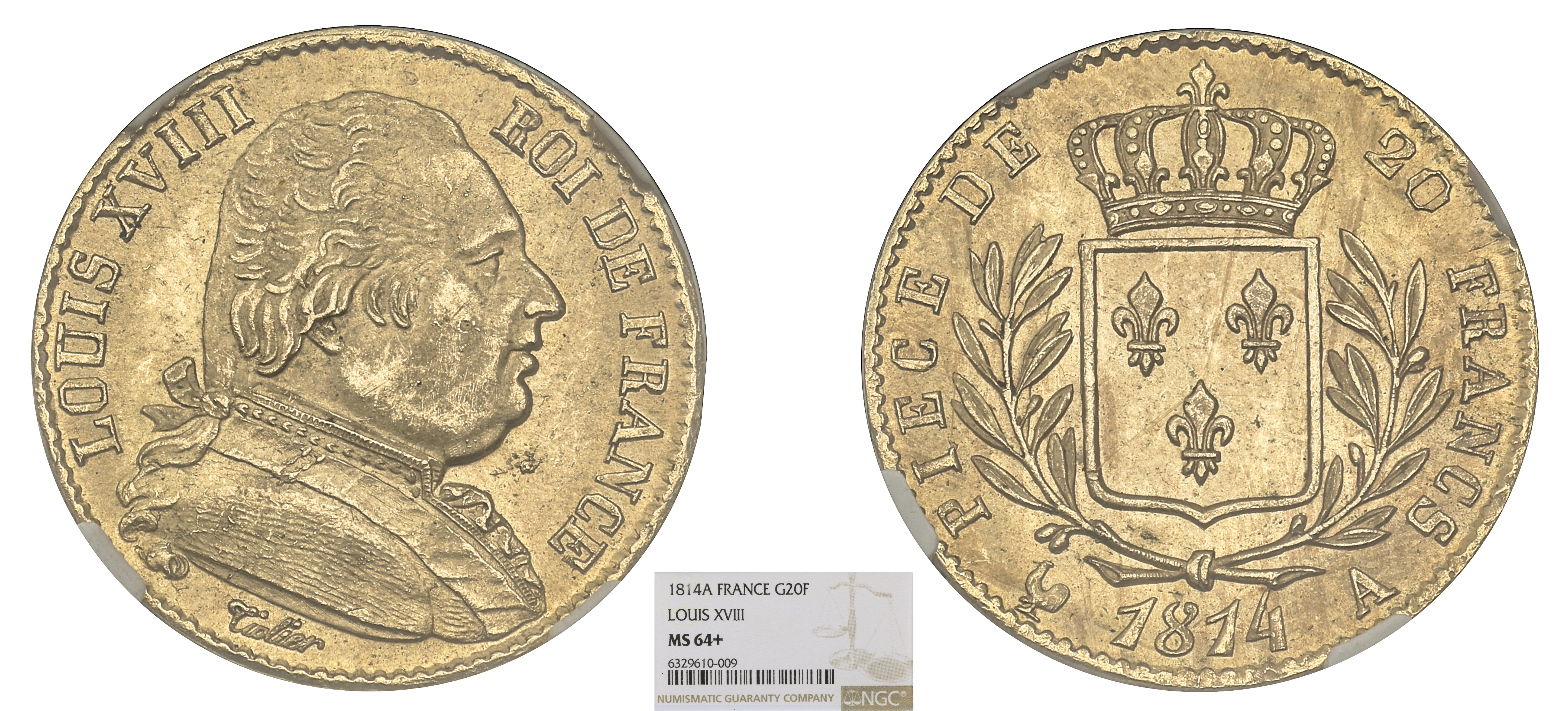 FRANCE - LOUIS XVIII - 20 FRANCS BUSTE HABILLÉ 1814 PARIS - NGC MS64+