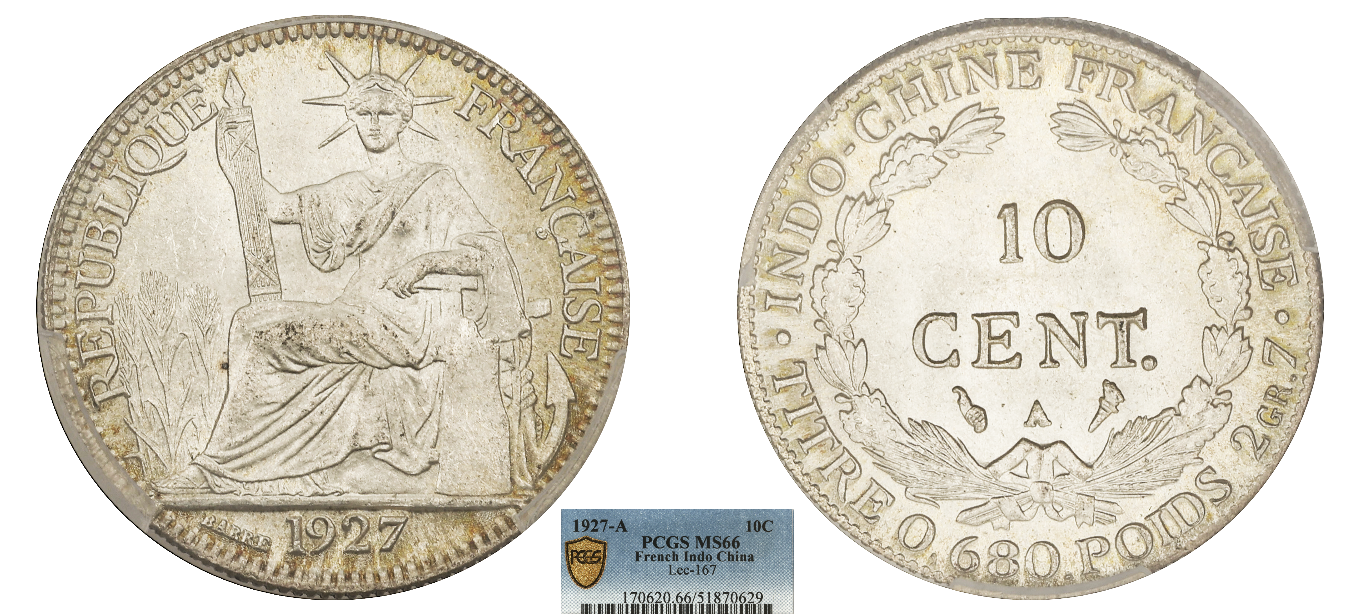 INDOCHINE FRANÇAISE - 10 CENT 1927 PARIS - PCGS MS66