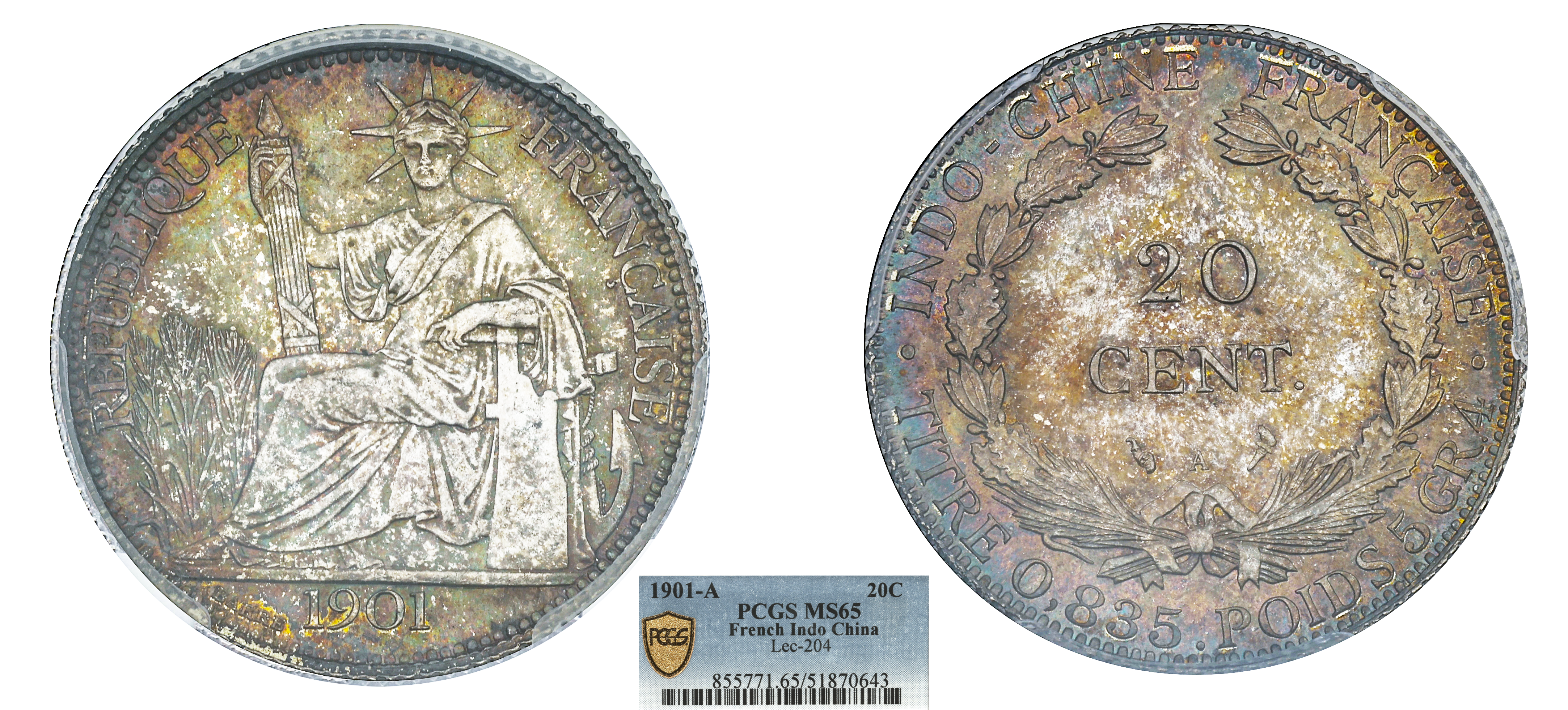 INDOCHINE FRANÇAISE - 20 CENT 1901 PARIS - PCGS MS65