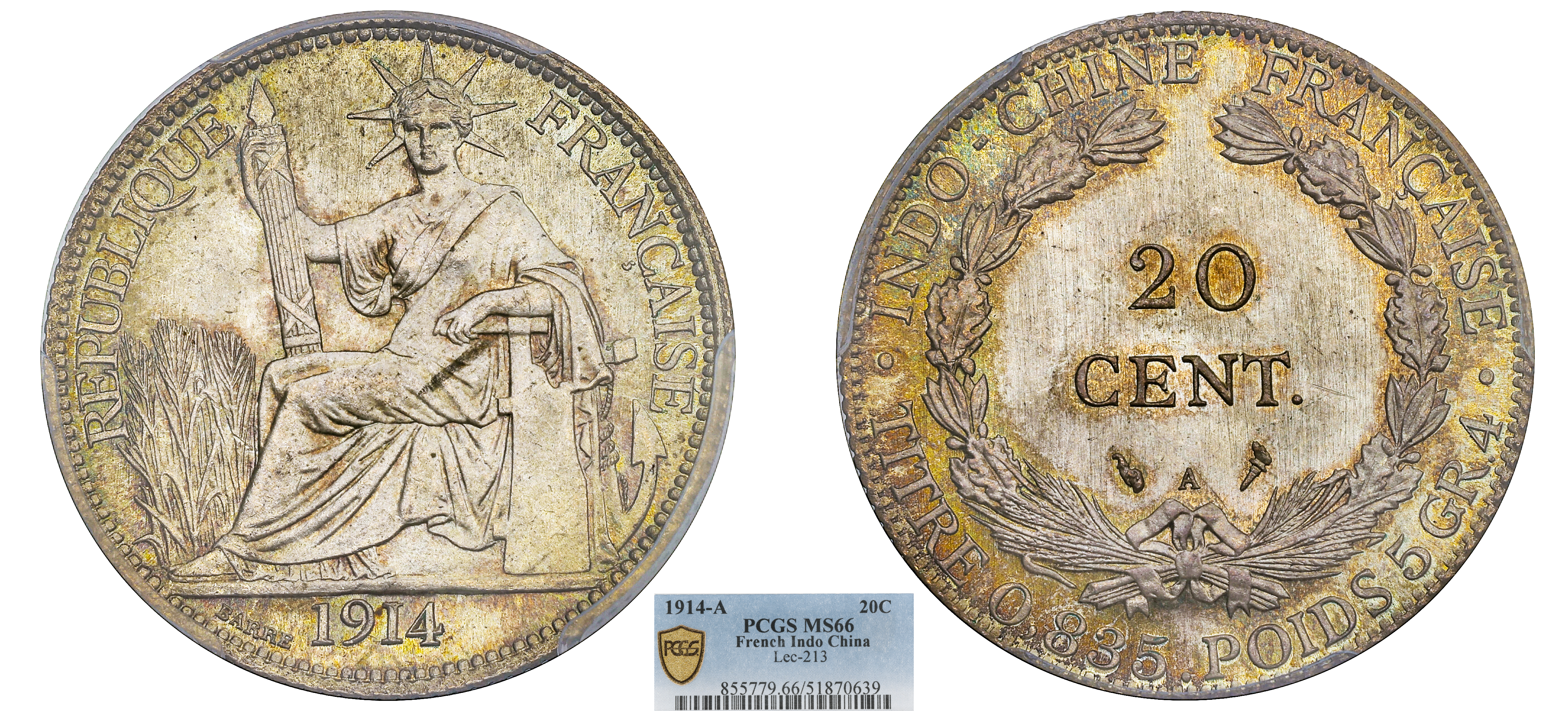 INDOCHINE FRANÇAISE - 20 CENT 1914 PARIS - PCGS MS66 - TOP POP
