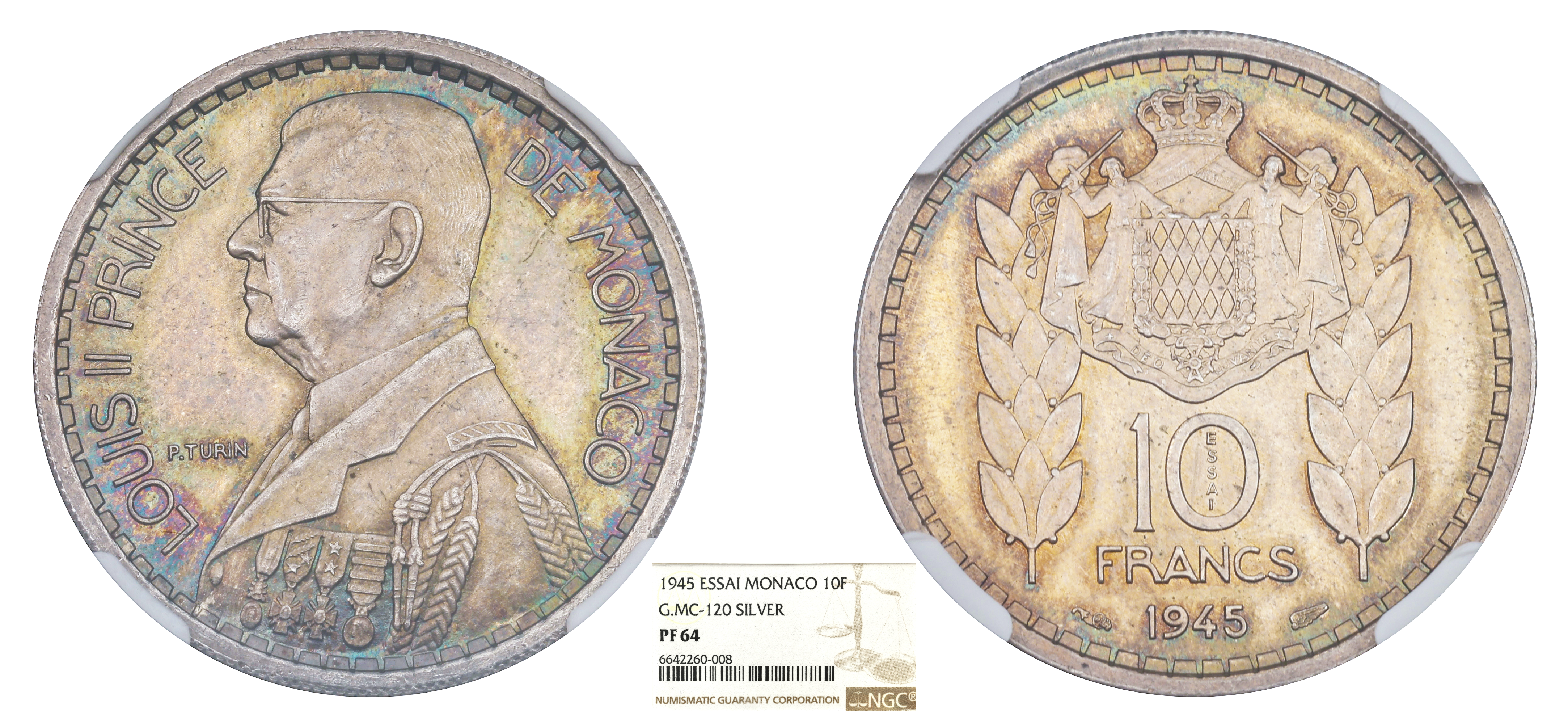 MONACO - LOUIS II - ESSAI 10 FRANCS ARGENT 1945 - NGC PF64 - TOP POP