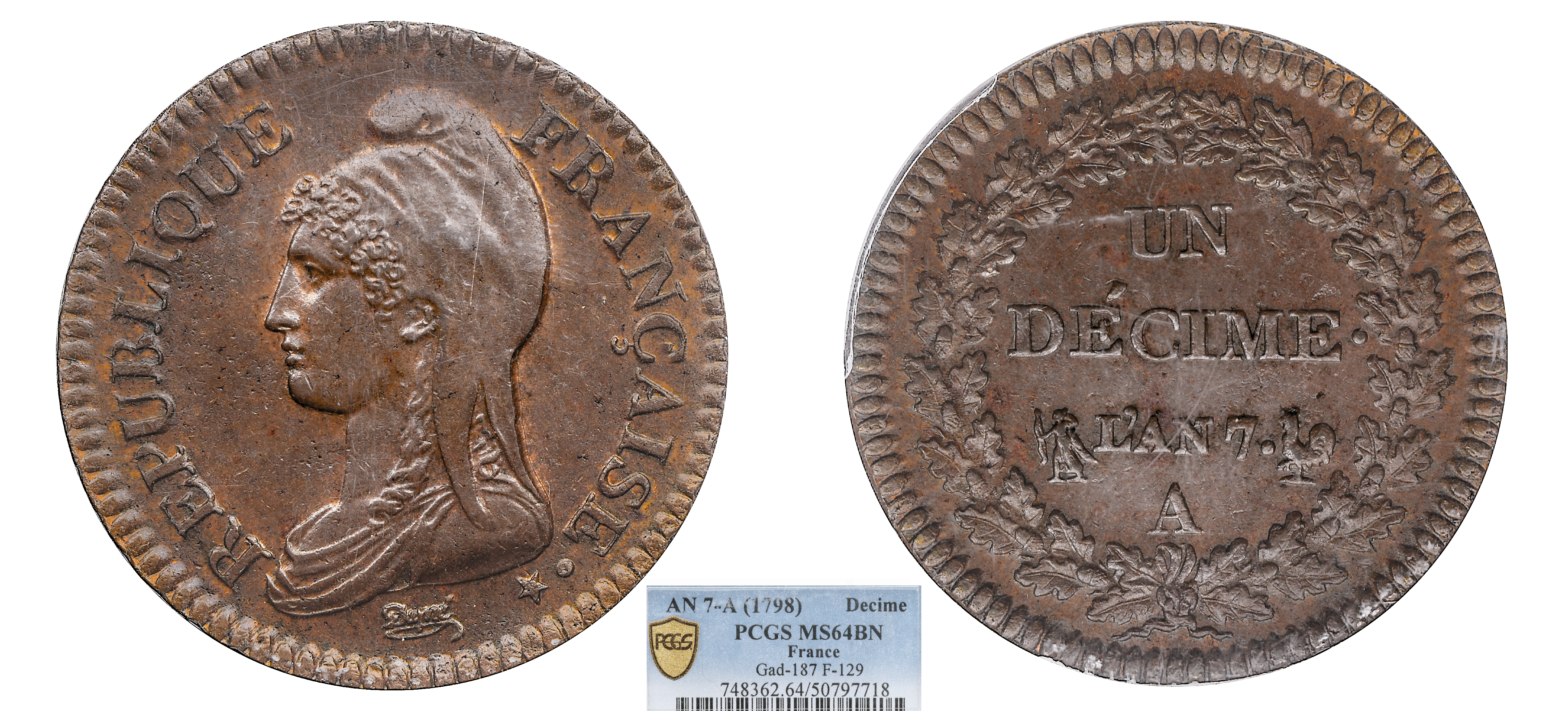 FRANCE - DIRECTOIRE - UN DÉCIME DUPRÉ AN 7 PARIS - PCGS MS64BN - TOP POP