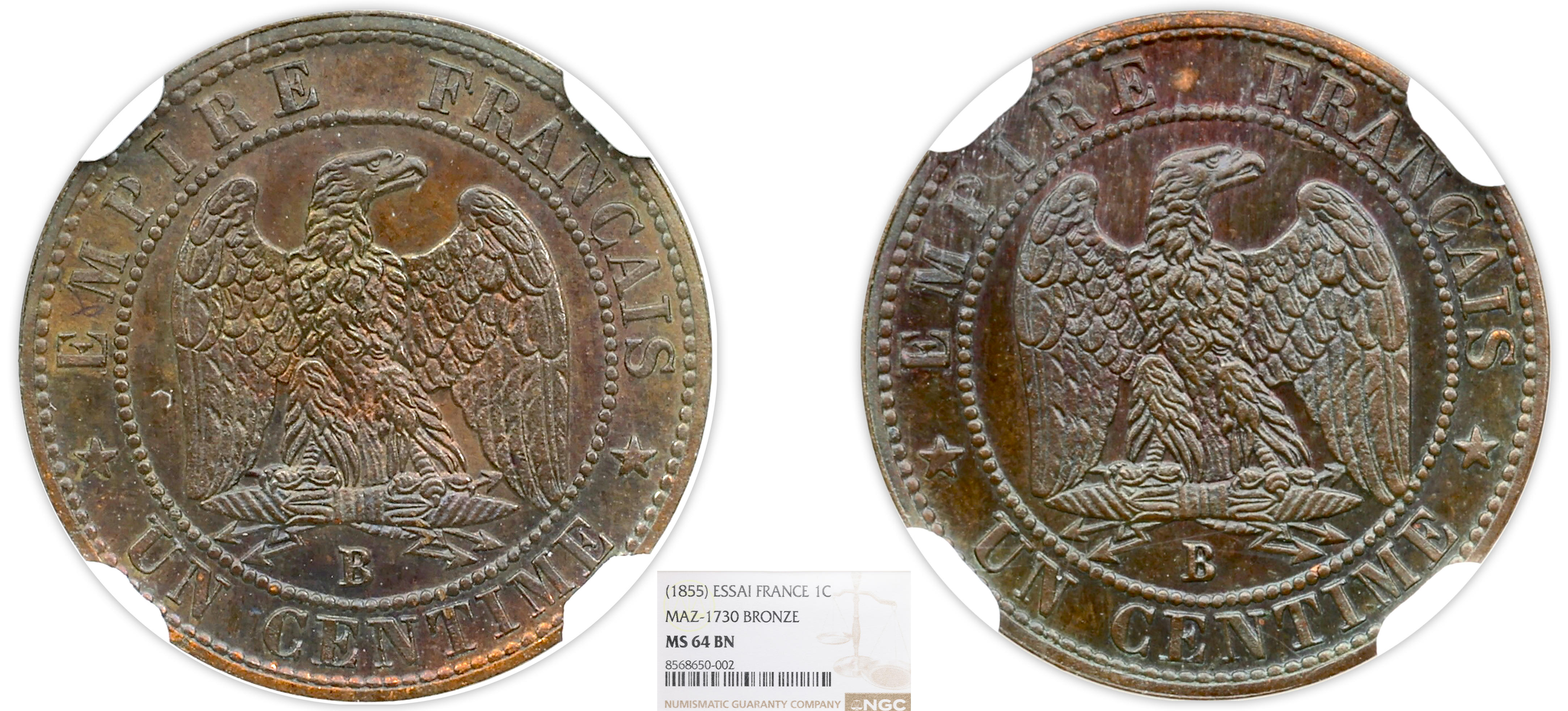 FRANCE - NAPOLÉON III - ESSAI 1 CENTIME BRONZE 1855 ROUEN - NGC MS64 BN - TOP POP