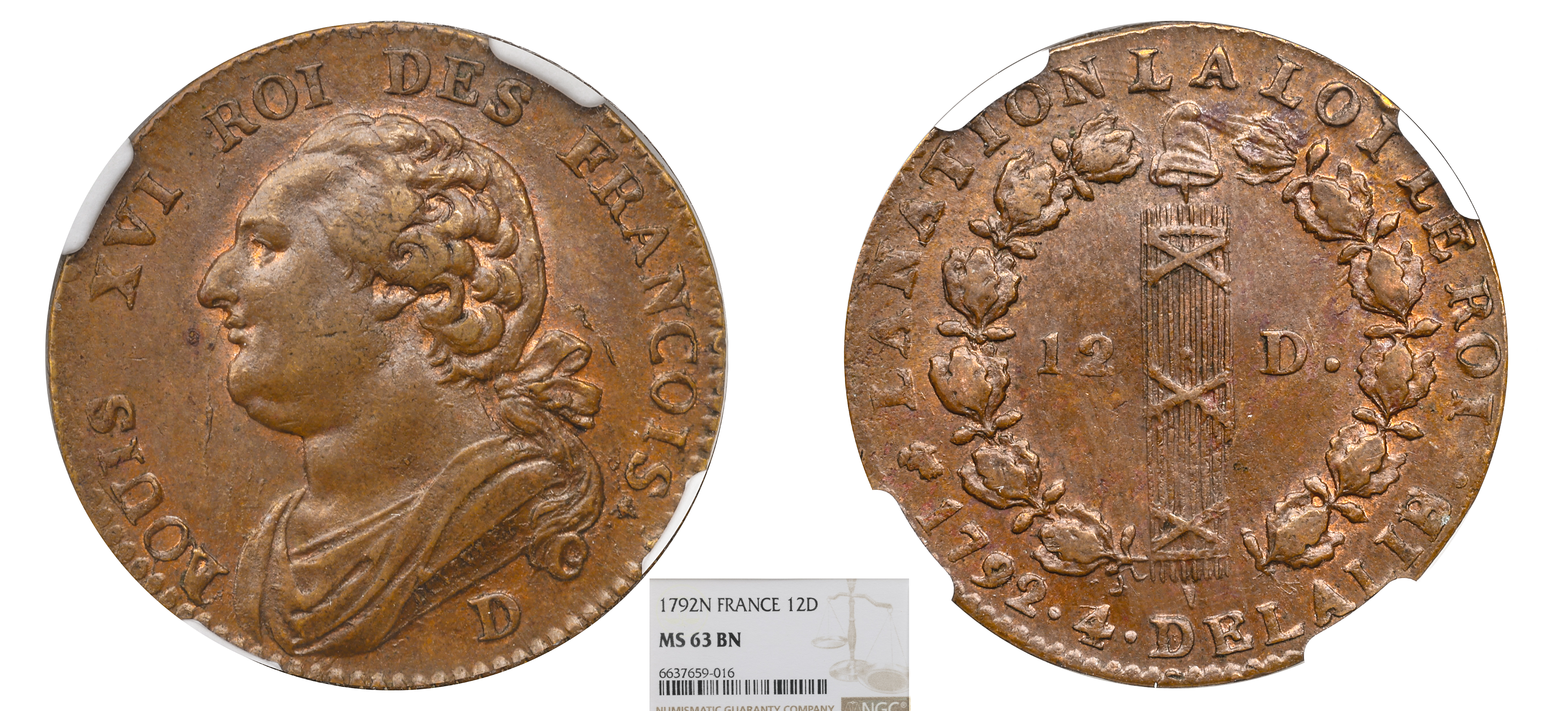 FRANCE - LOUIS XVI - 12 DENIERS 1792 D - NGC MS63 BN