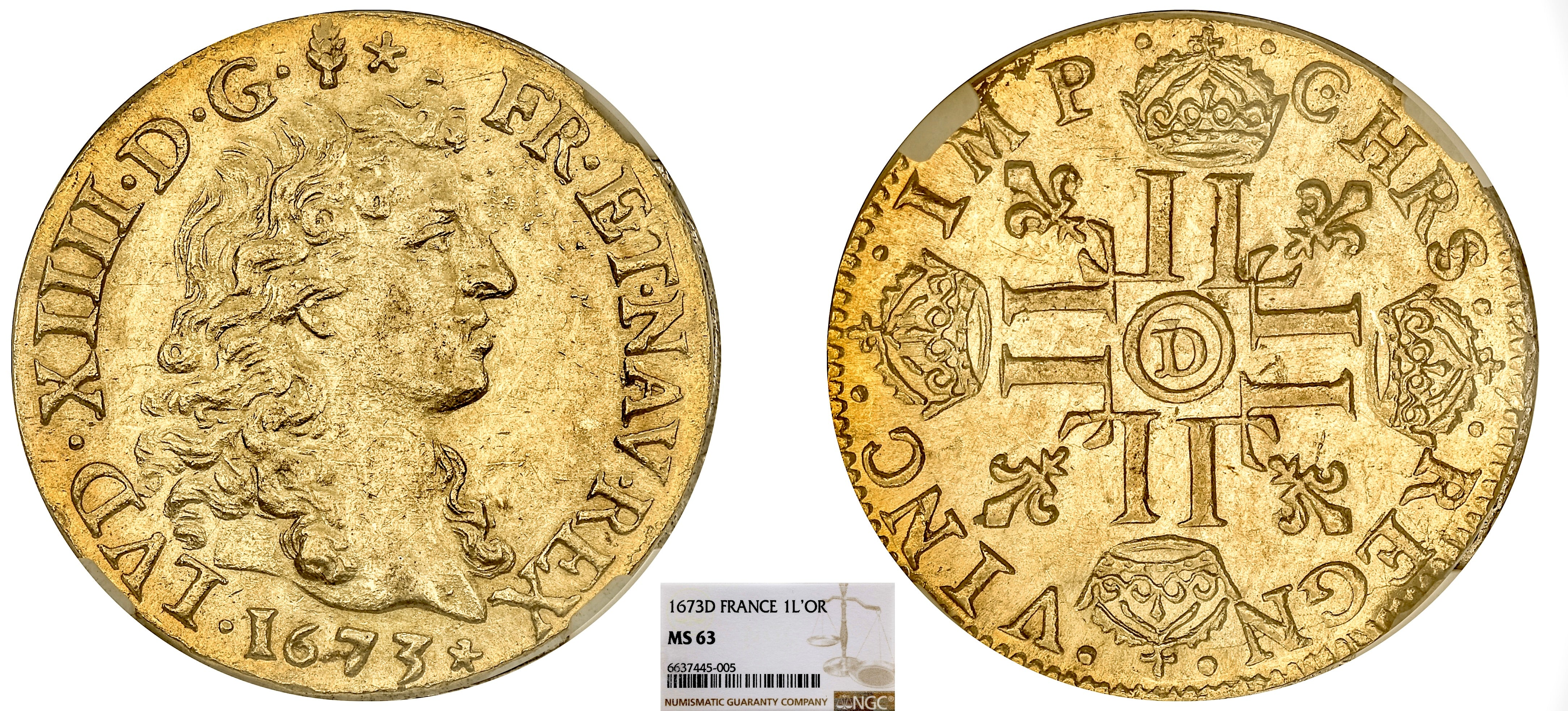 FRANCE - LOUIS XIV - LOUIS D'OR À LA TÊTE NUE 1673 LYON - NGC MS63 - TOP POP