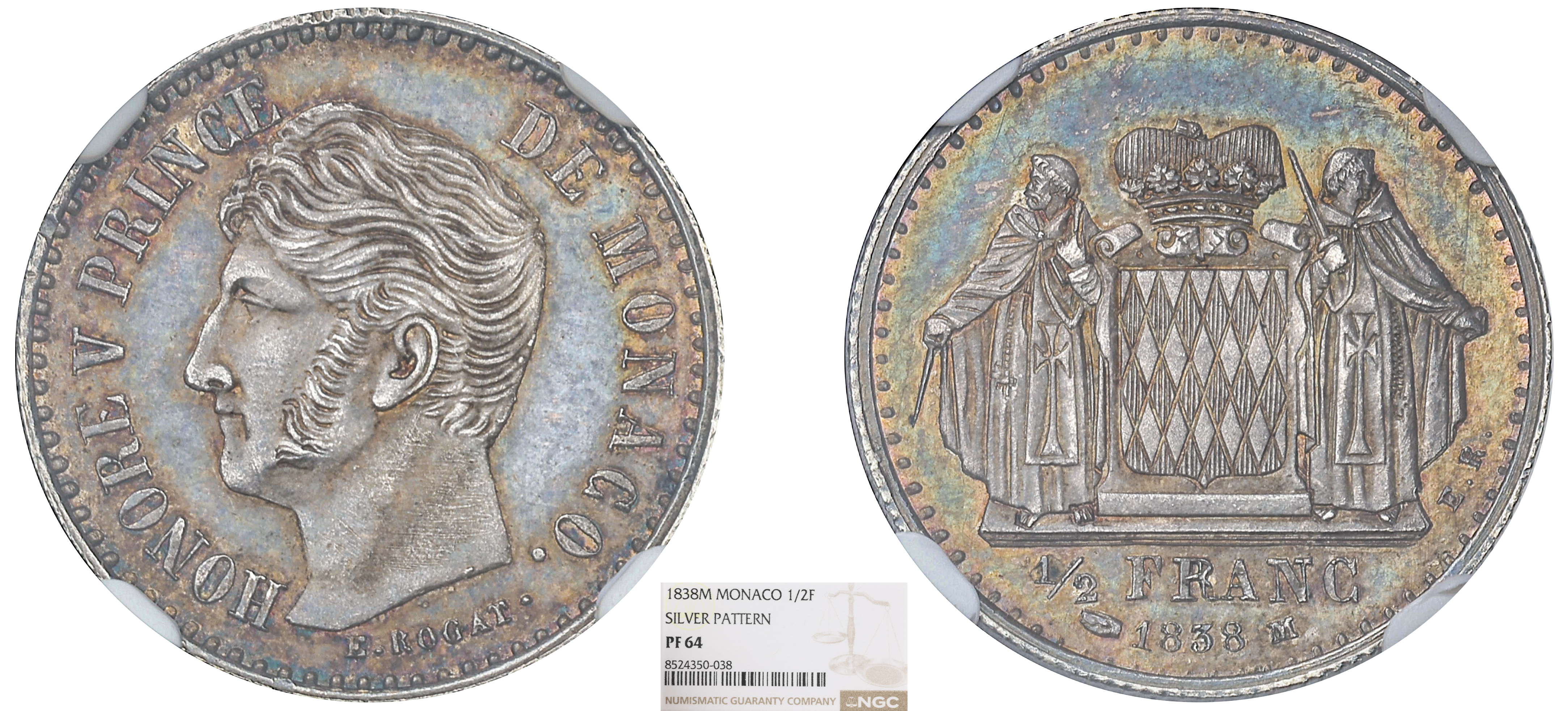 MONACO - HONORÉ V - ESSAI DEMI-FRANC ARGENT 1838 PARIS - NGC PF64 - TOP POP