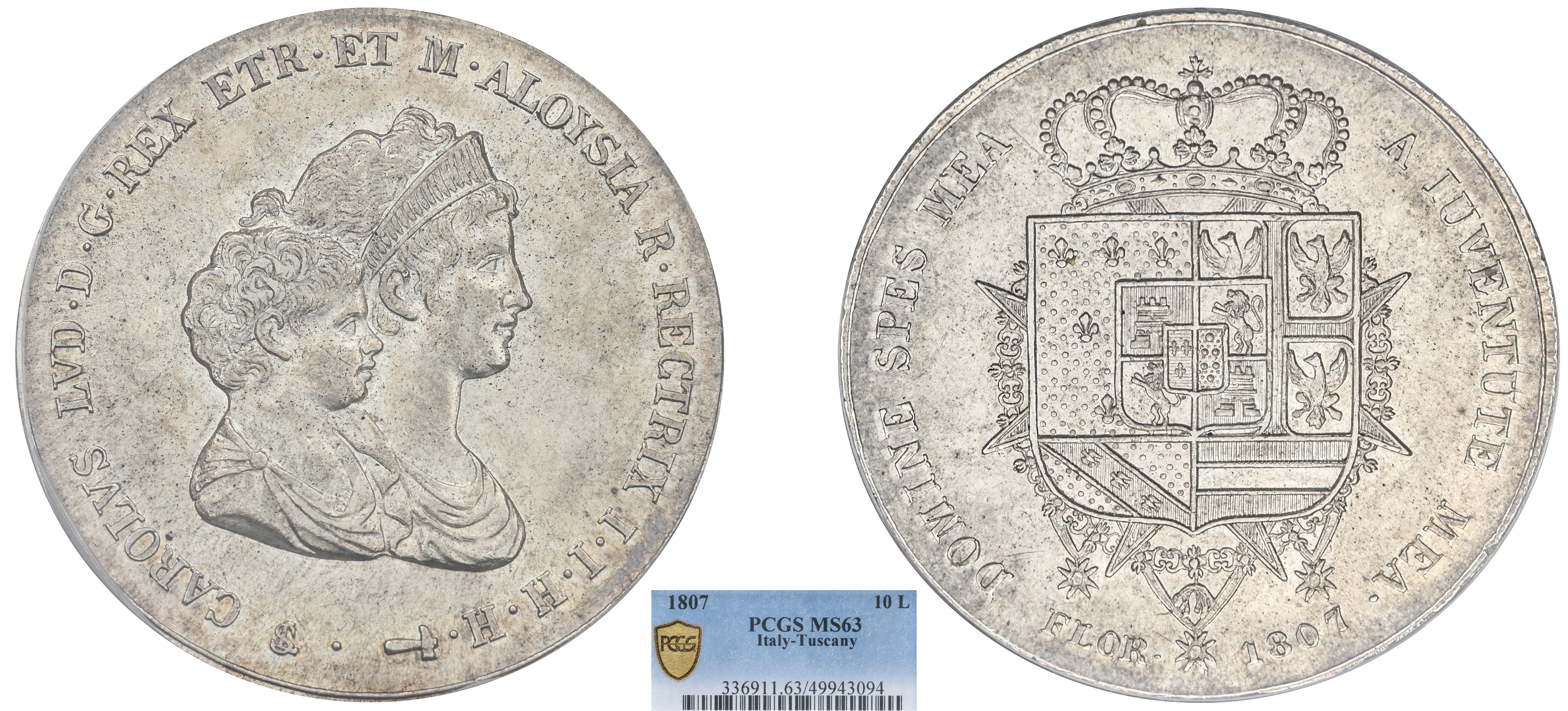 ITALIE - ÉTRURIE - 10 LIRE CHARLES-LOUIS ET MARIE-LOUISE 1807 FLORENCE - PCGS MS63