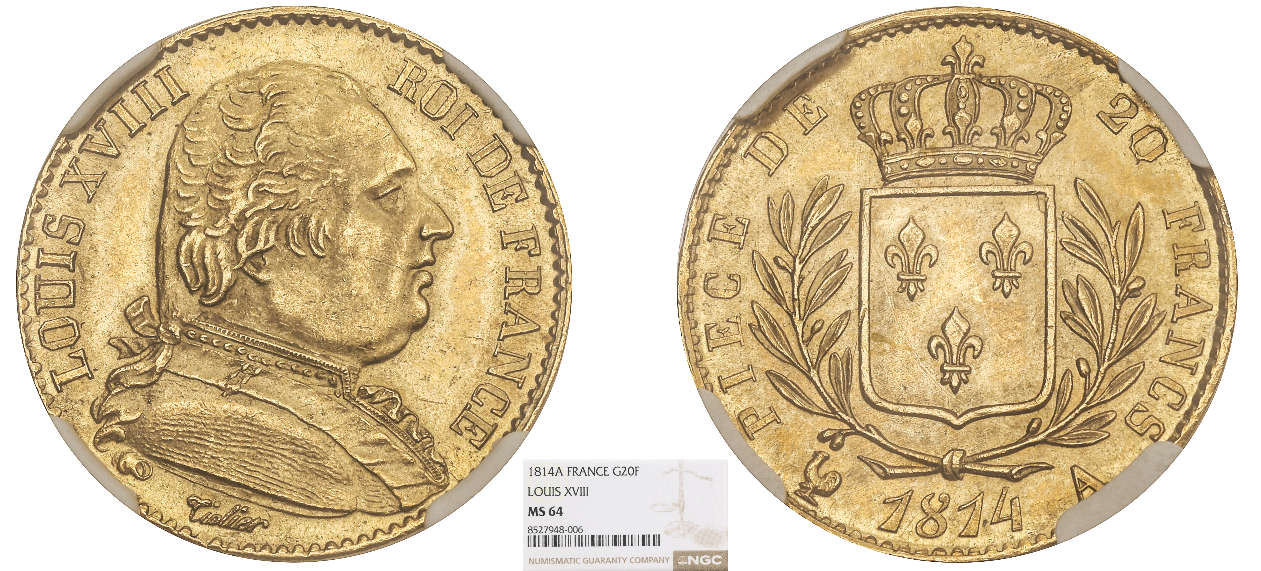 FRANCE - LOUIS XVIII - 20 FRANCS BUSTE HABILLÉ 1814 PARIS - NGC MS64