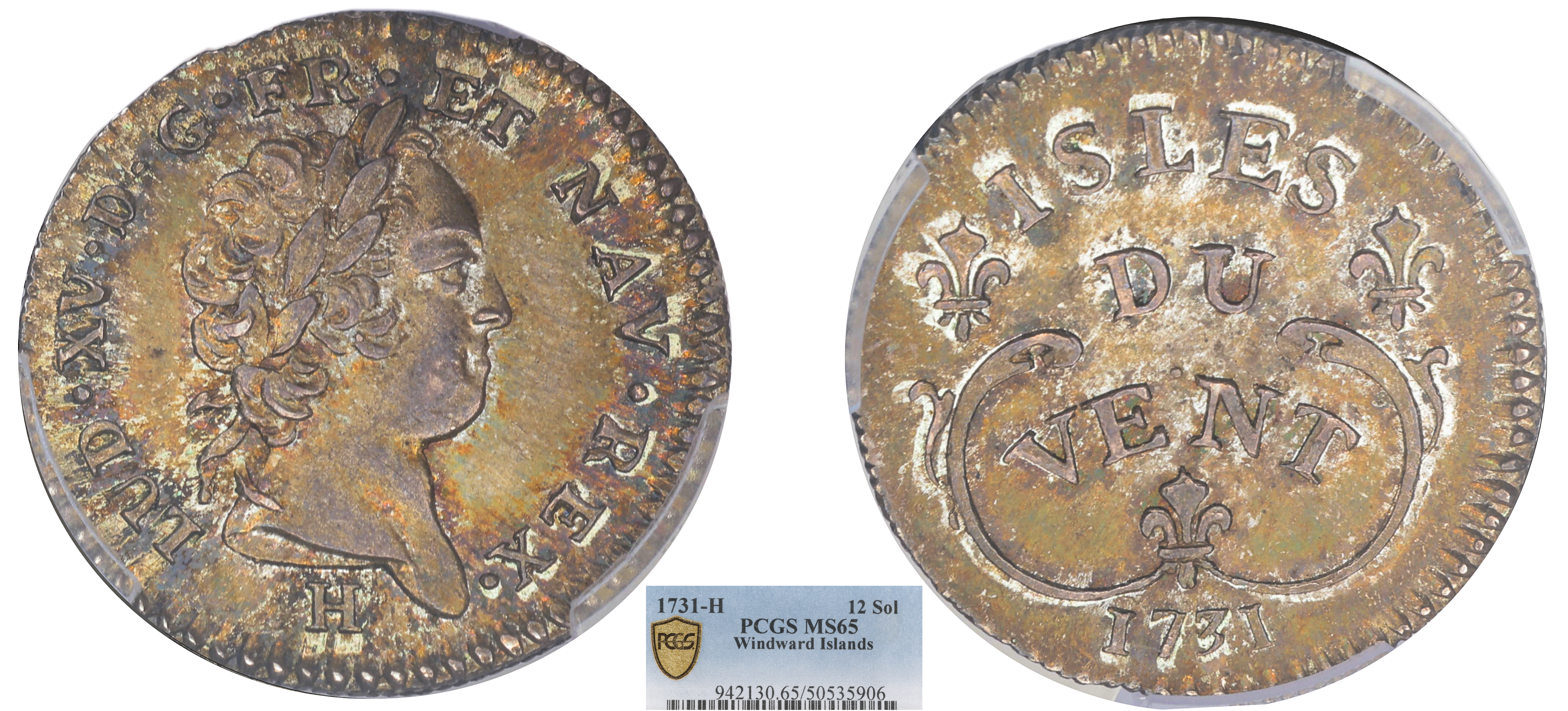 FRANCE - LOUIS XV - ISLES DU VENT - 12 SOLS 1731 LA ROCHELLE - PCGS MS65 - TOP POP