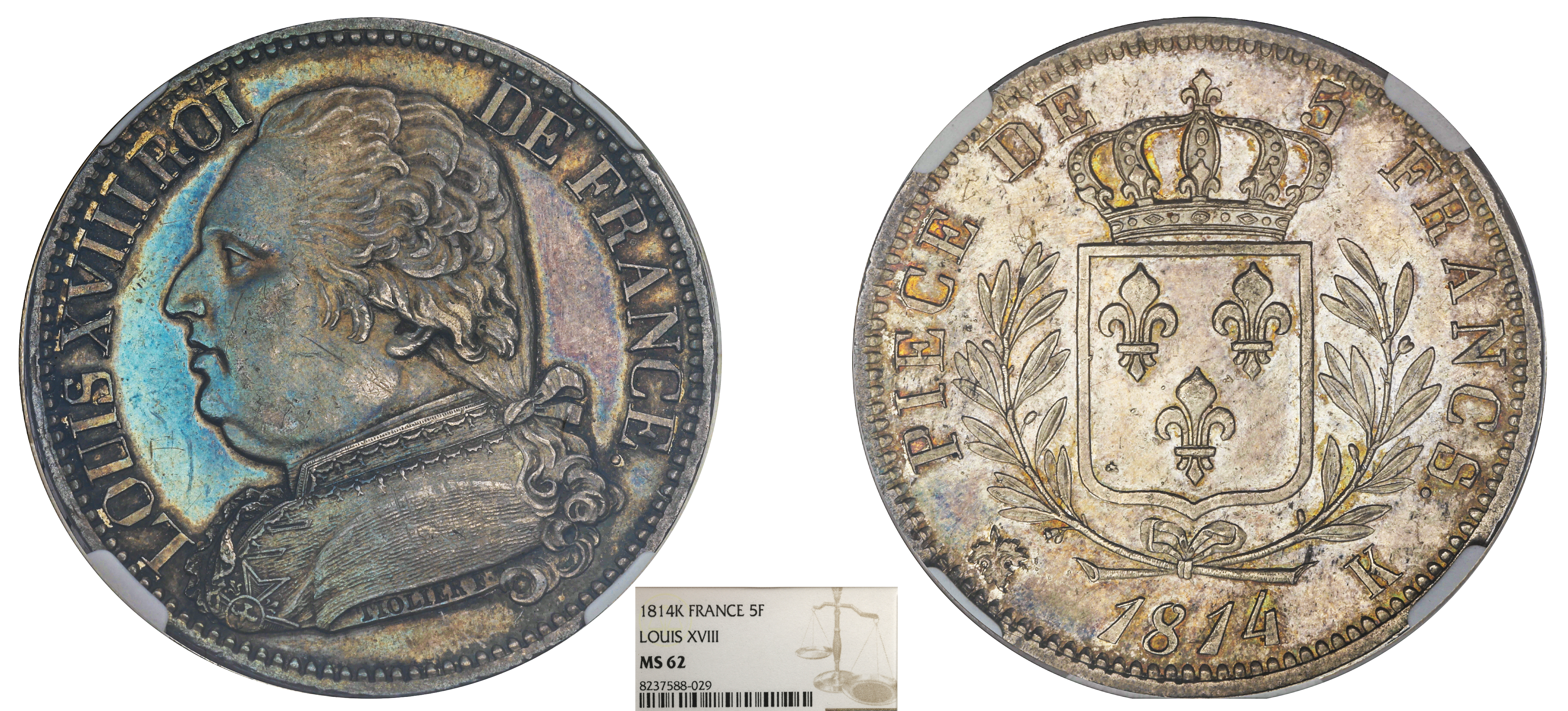 FRANCE - LOUIS XVIII - 5 FRANCS BUSTE HABILLÉ 1814 BORDEAUX - NGC MS62