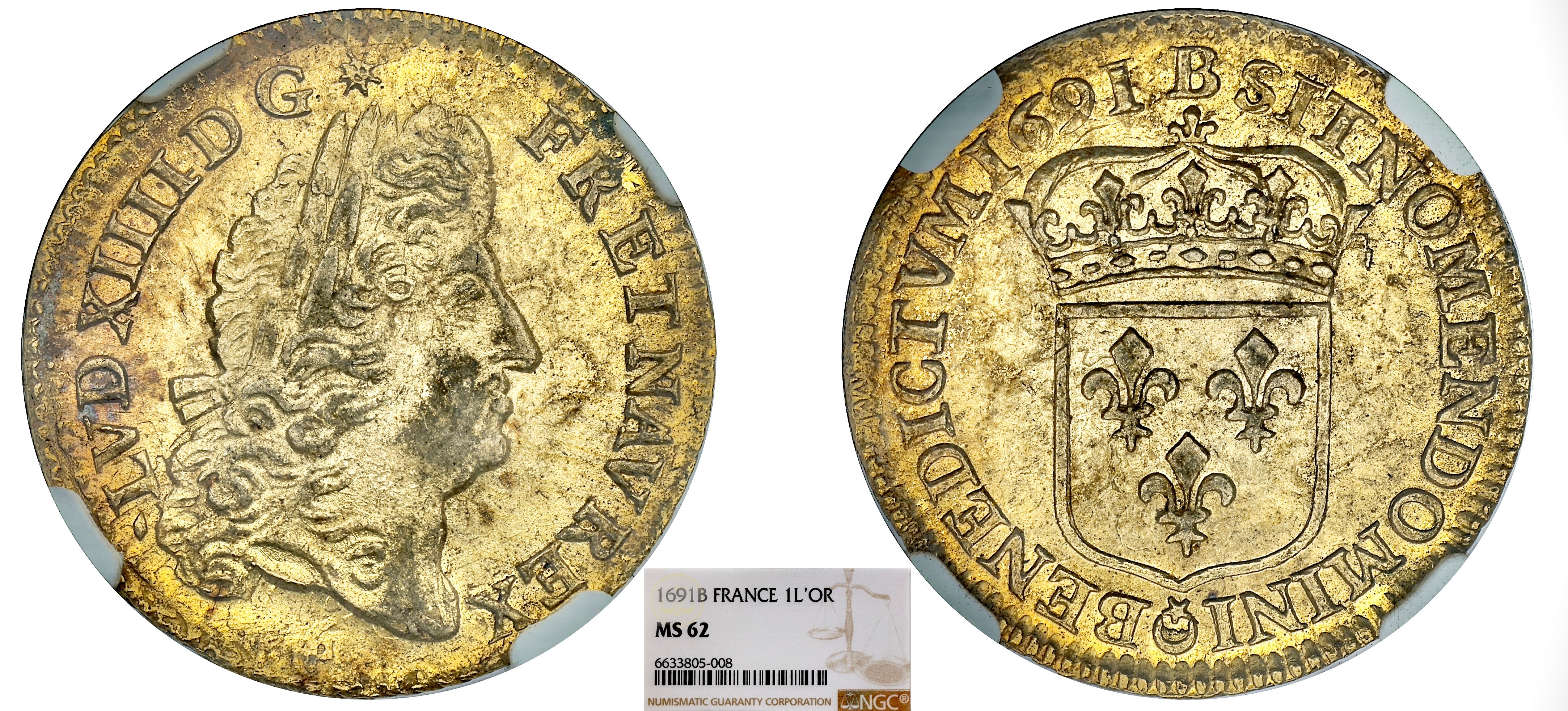 FRANCE - LOUIS XIV - LOUIS D'OR À L'ÉCU 1691 ROUEN - TRÉSOR PLOZEVET - NGC MS62 - TOP POP