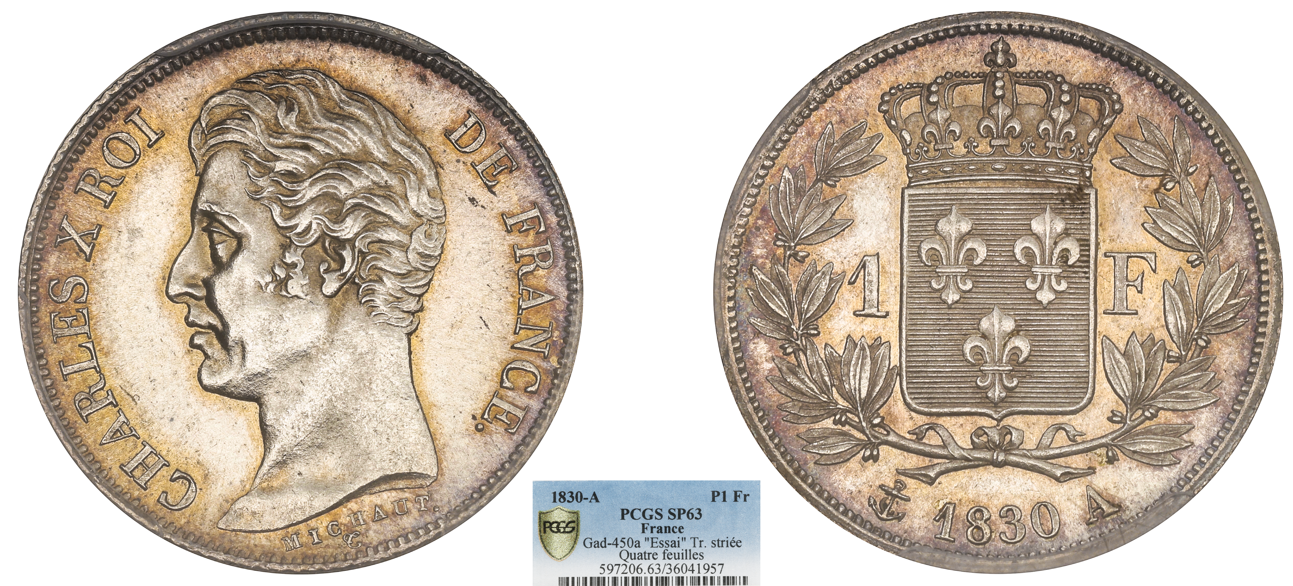 FRANCE - CHARLES X - ESSAI 1 FRANC ARGENT 1830 PARIS TRANCHE STRIÉE - PCGS SP63