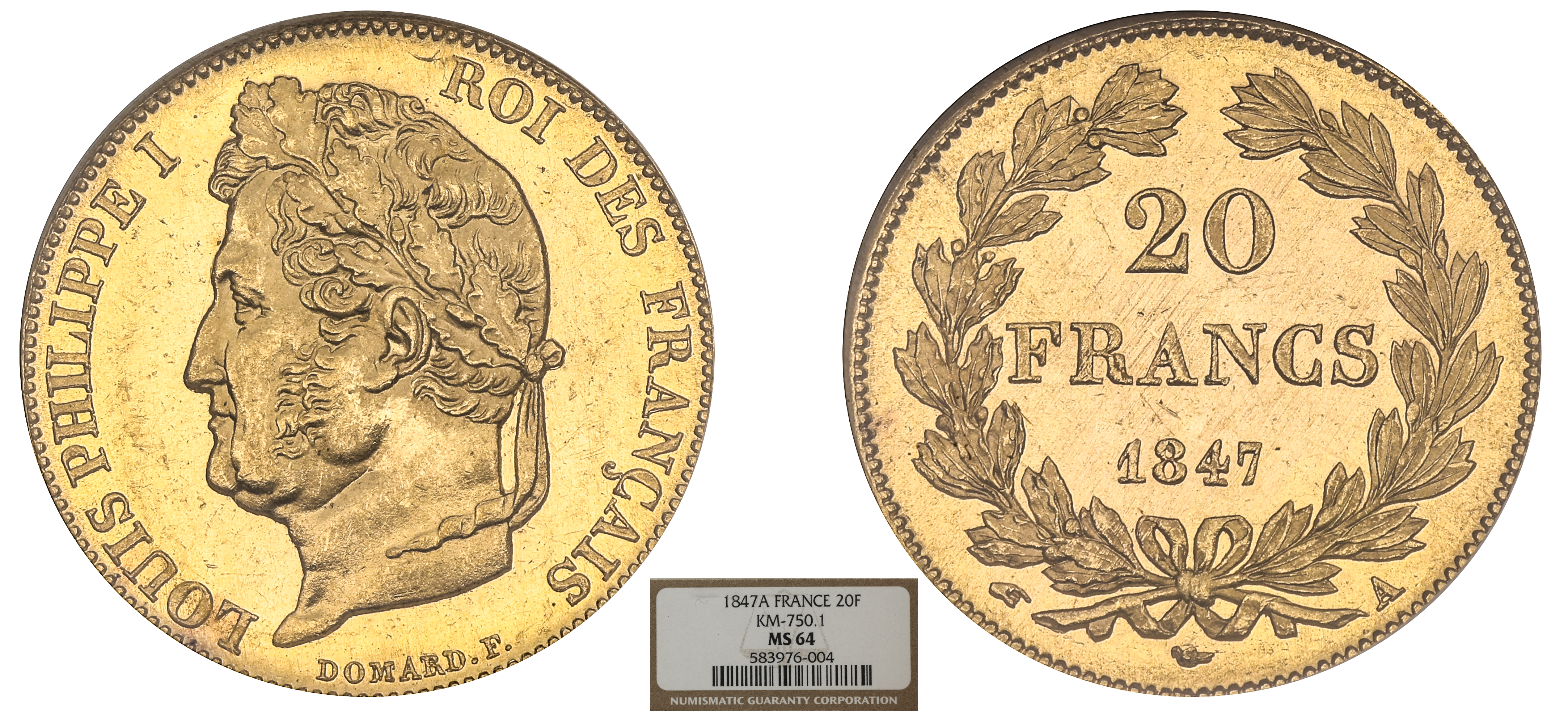 FRANCE - LOUIS-PHILIPPE - 20 FRANCS OR 1847 PARIS - NGC MS64