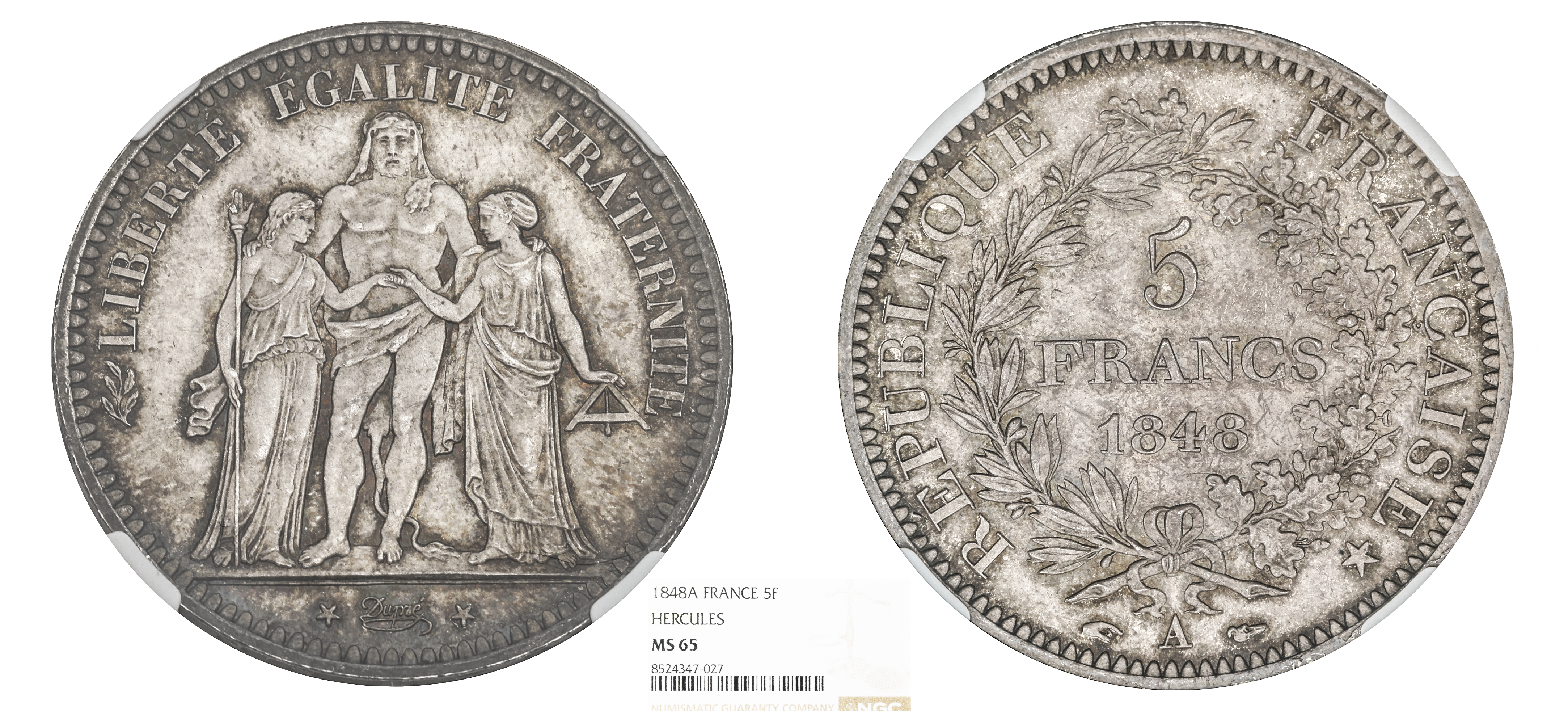 FRANCE - IIe RÉPUBLIQUE - 5 FRANCS HERCULE 1848 PARIS - NGC MS65