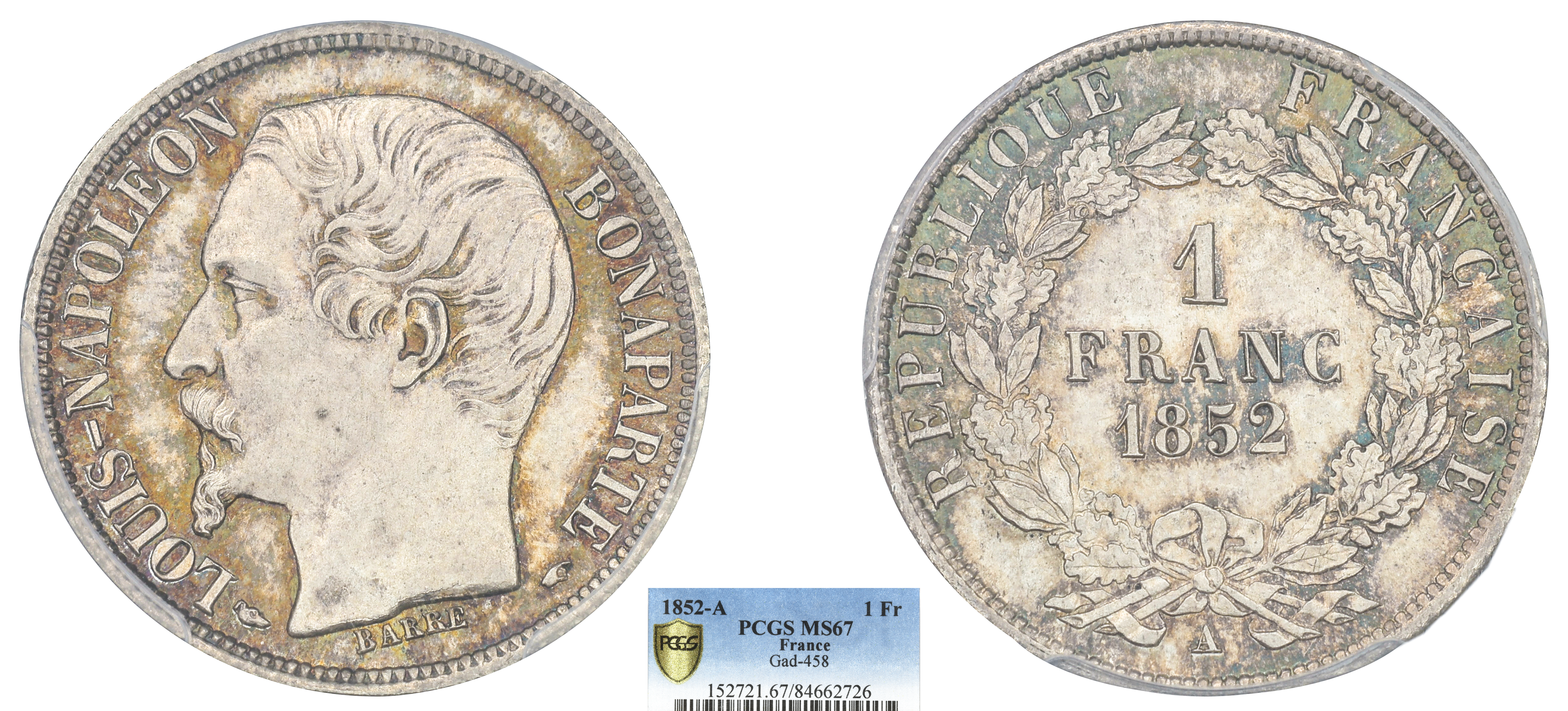 FRANCE - LOUIS-NAPOLÉON BONAPARTE - 1 FRANC 1852 PARIS - PCGS MS67