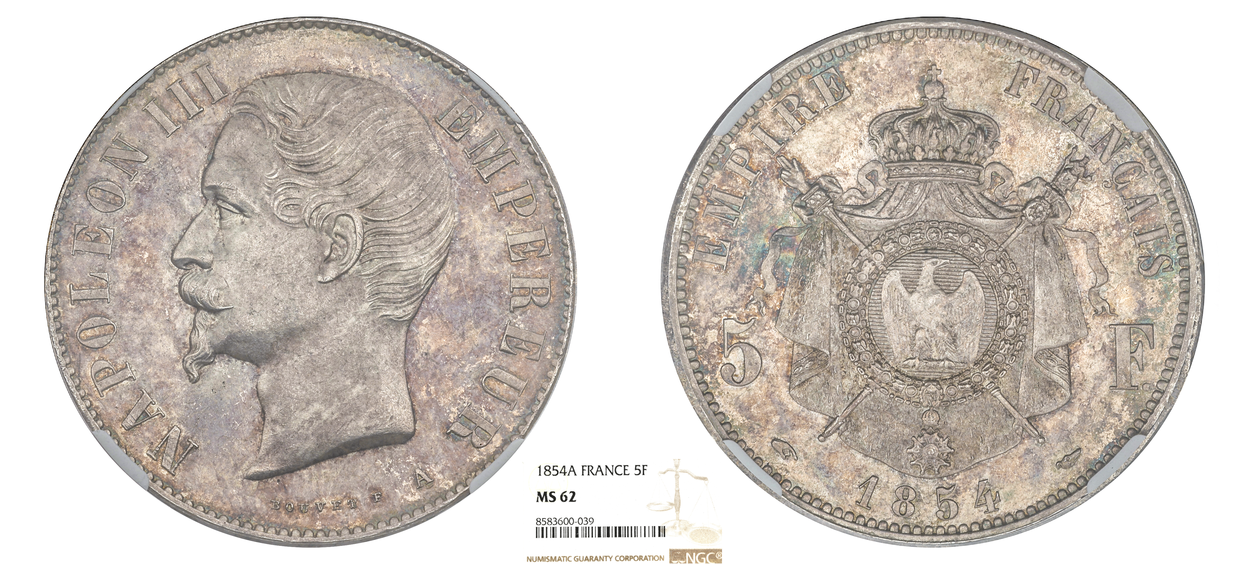 FRANCE - NAPOLÉON III - 5 FRANCS TÊTE NUE 1854 PARIS - NGC MS62