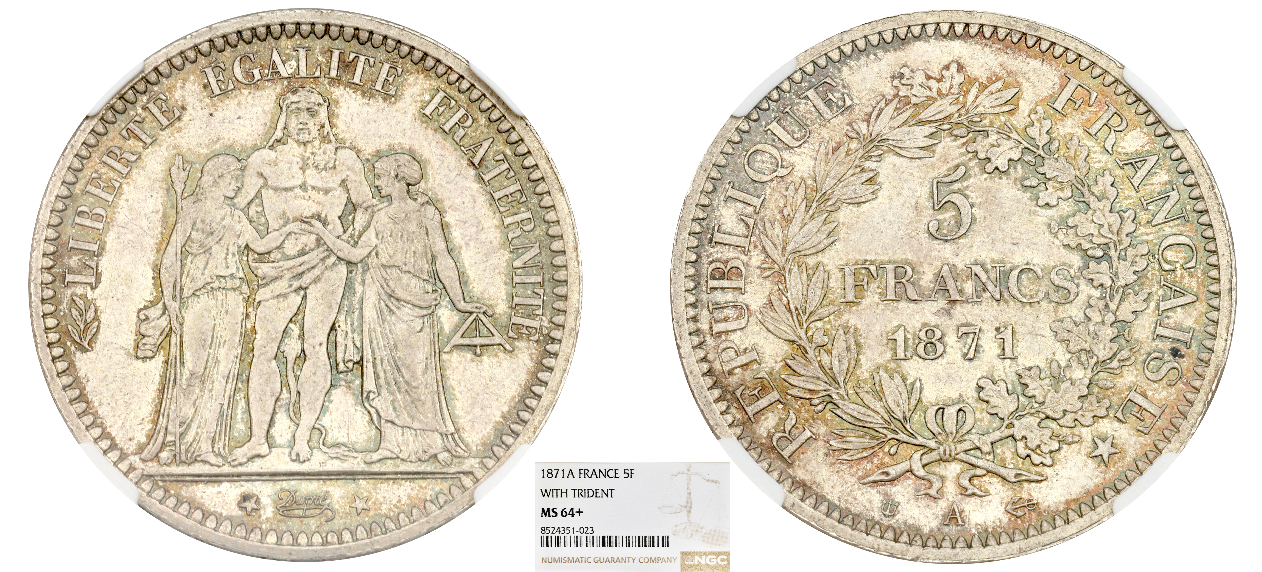 FRANCE - 5 FRANCS HERCULE CAMÉLINAT 1871 PARIS - NGC MS64+