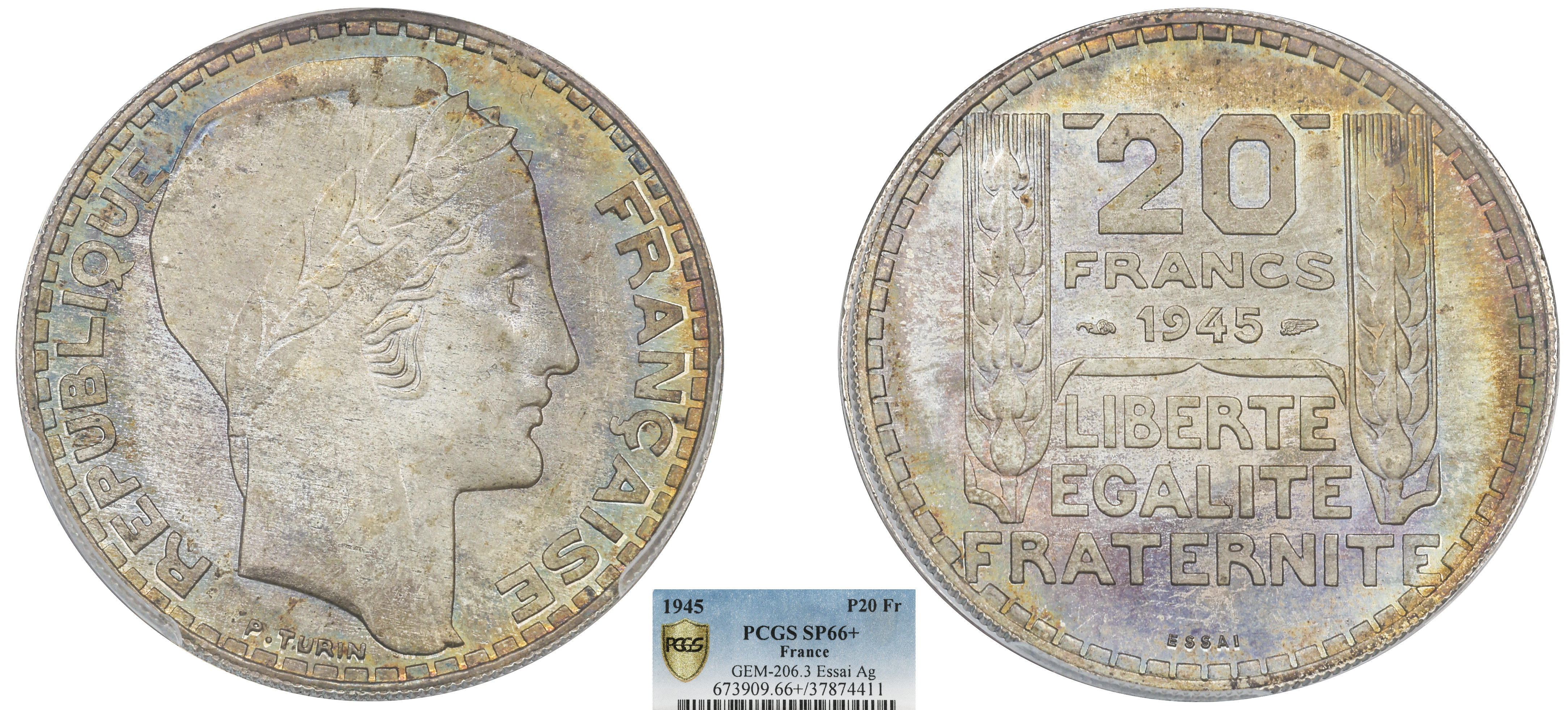FRANCE - ESSAI 20 FRANCS TURIN ARGENT 1945 - PCGS SP66+ - TOP POP