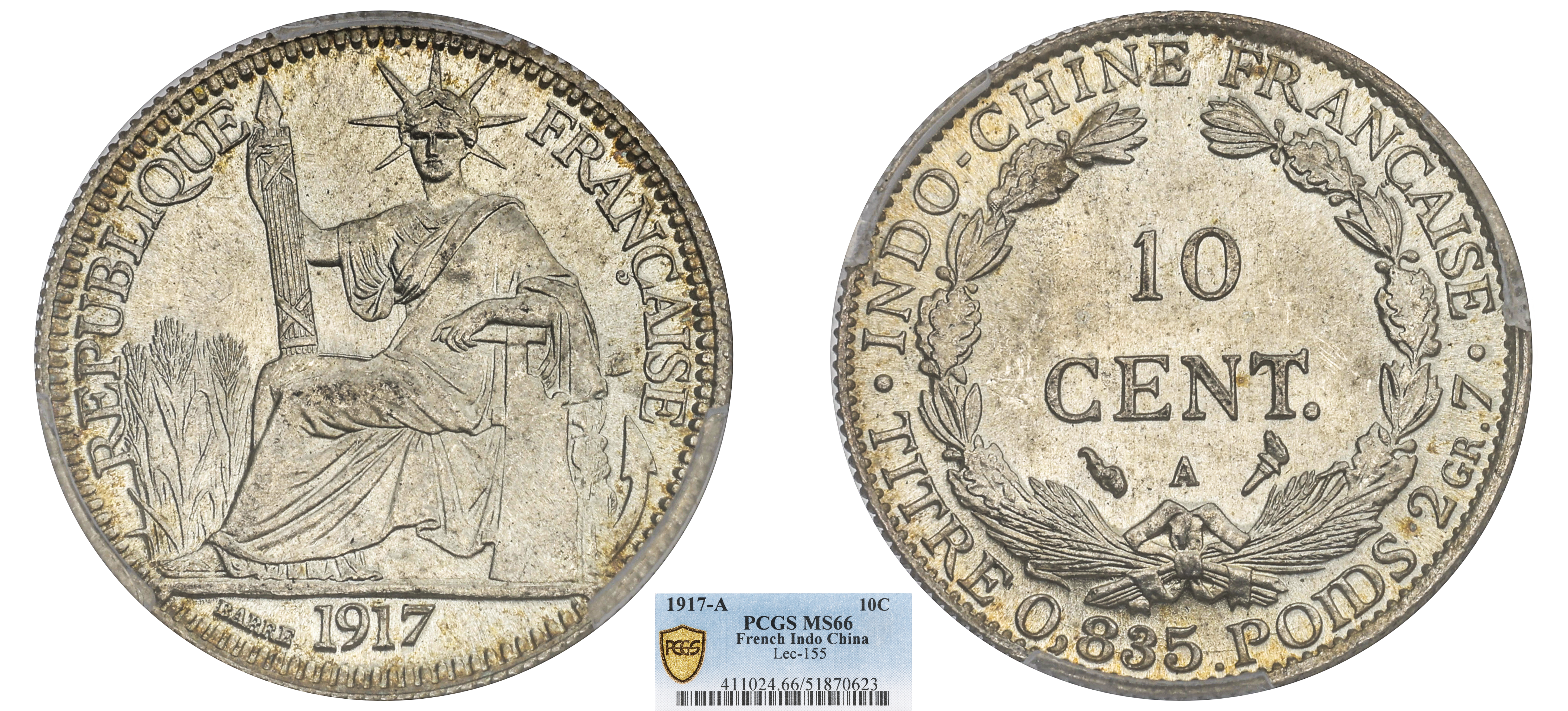 INDOCHINE FRANÇAISE - 10 CENT 1917 PARIS - PCGS MS66