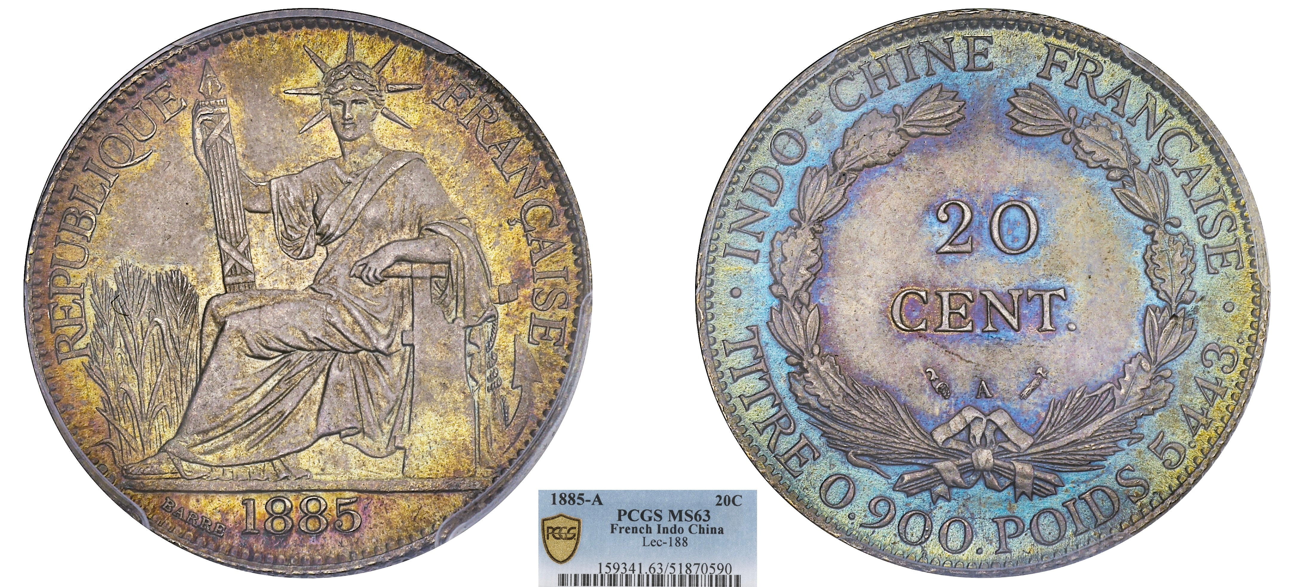 INDOCHINE FRANÇAISE - 20 CENT 1885 PARIS - PCGS MS63