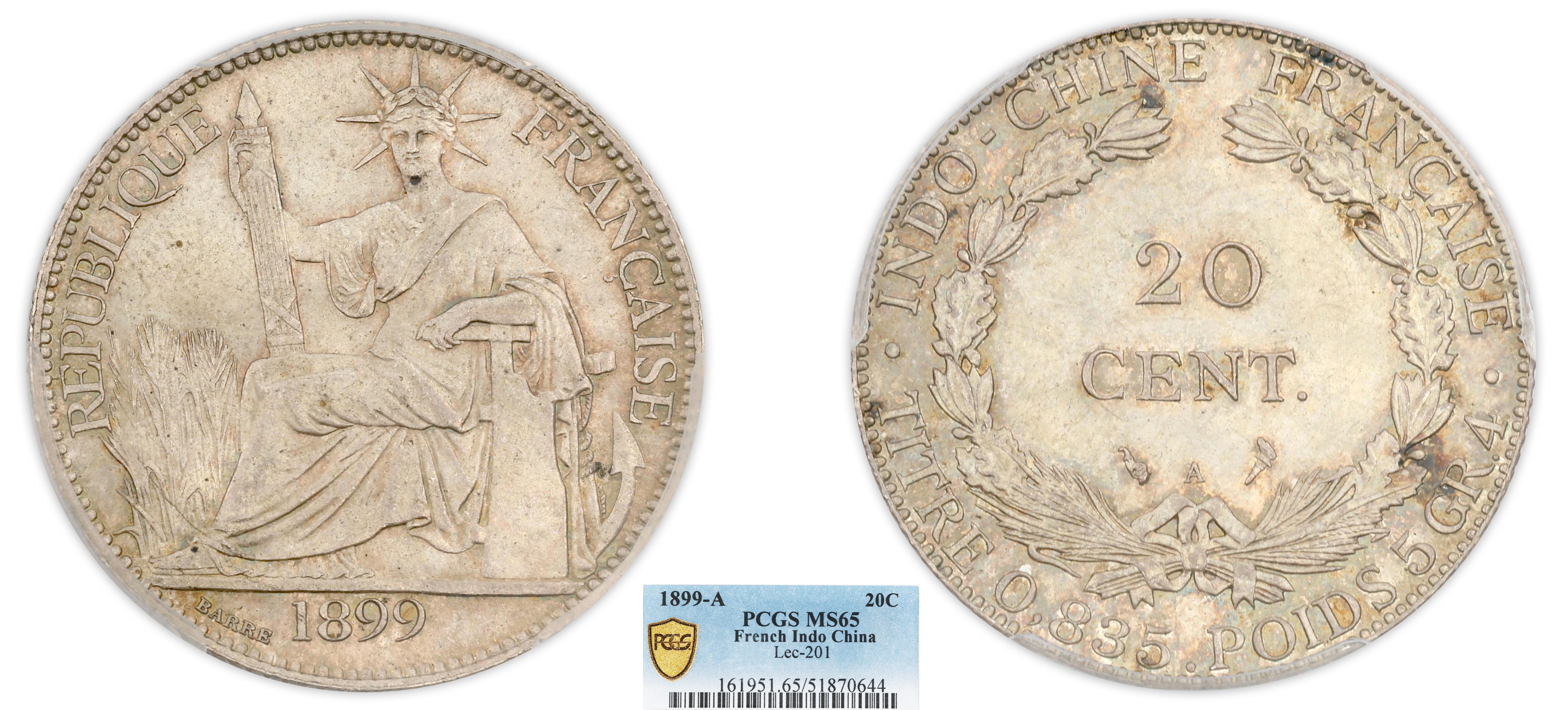 INDOCHINE FRANÇAISE - 20 CENT 1899 PARIS - PCGS MS65