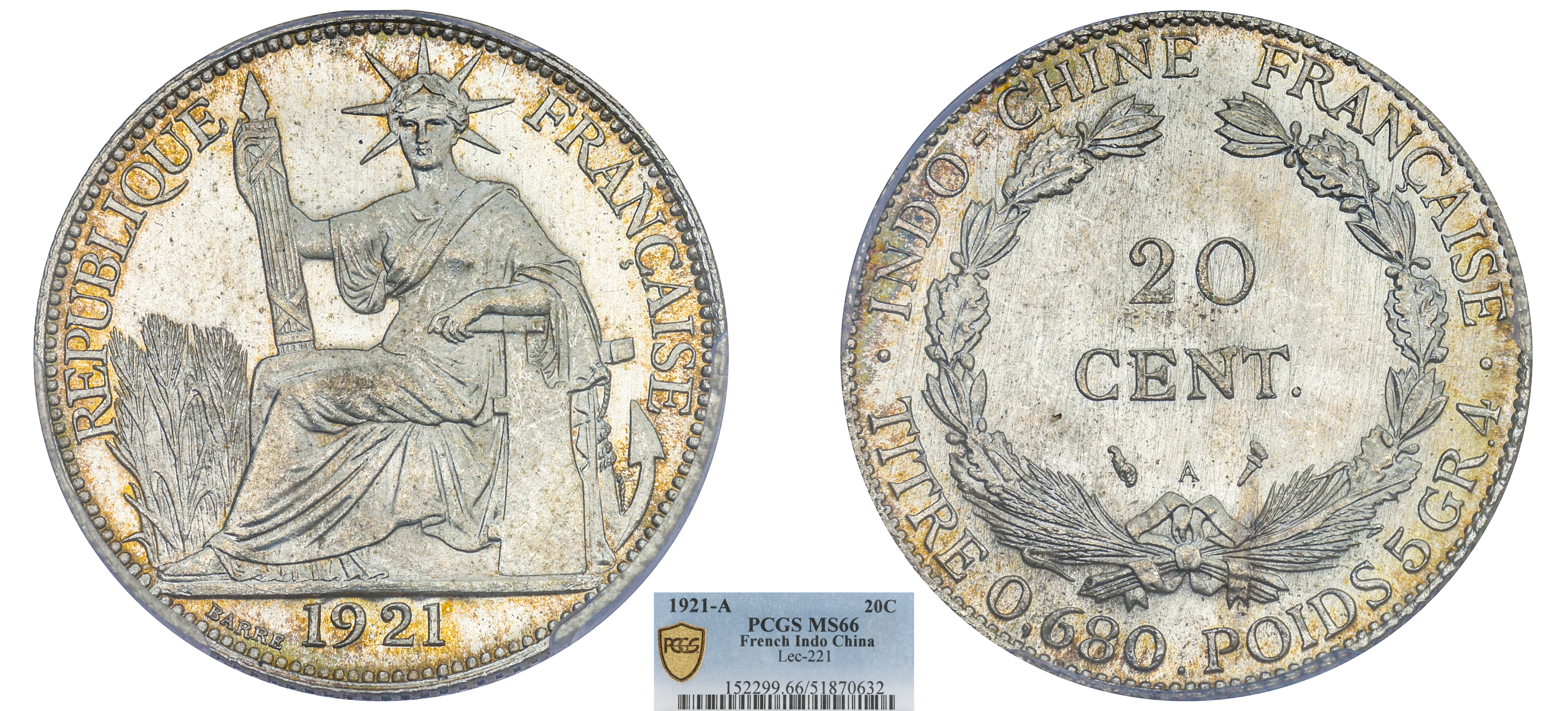 INDOCHINE FRANÇAISE - 20 CENT 1921 PARIS - PCGS MS66