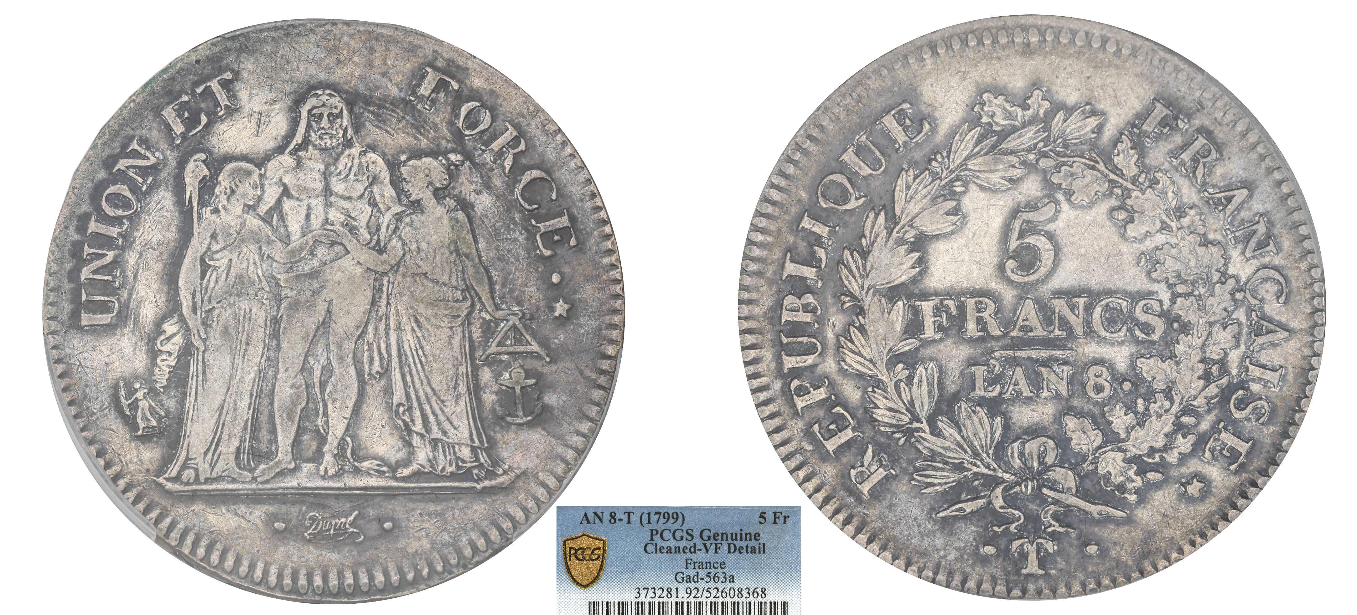 FRANCE - CONSULAT - 5 FRANCS UNION ET FORCE AN 8 NANTES - PCGS VF DETAILS NETTOYÉ