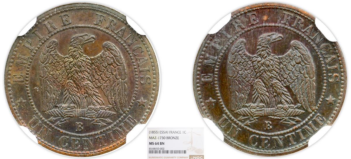 FRANCE - NAPOLÉON III - ESSAI 1 CENTIME BRONZE 1855 ROUEN - NGC MS64 B