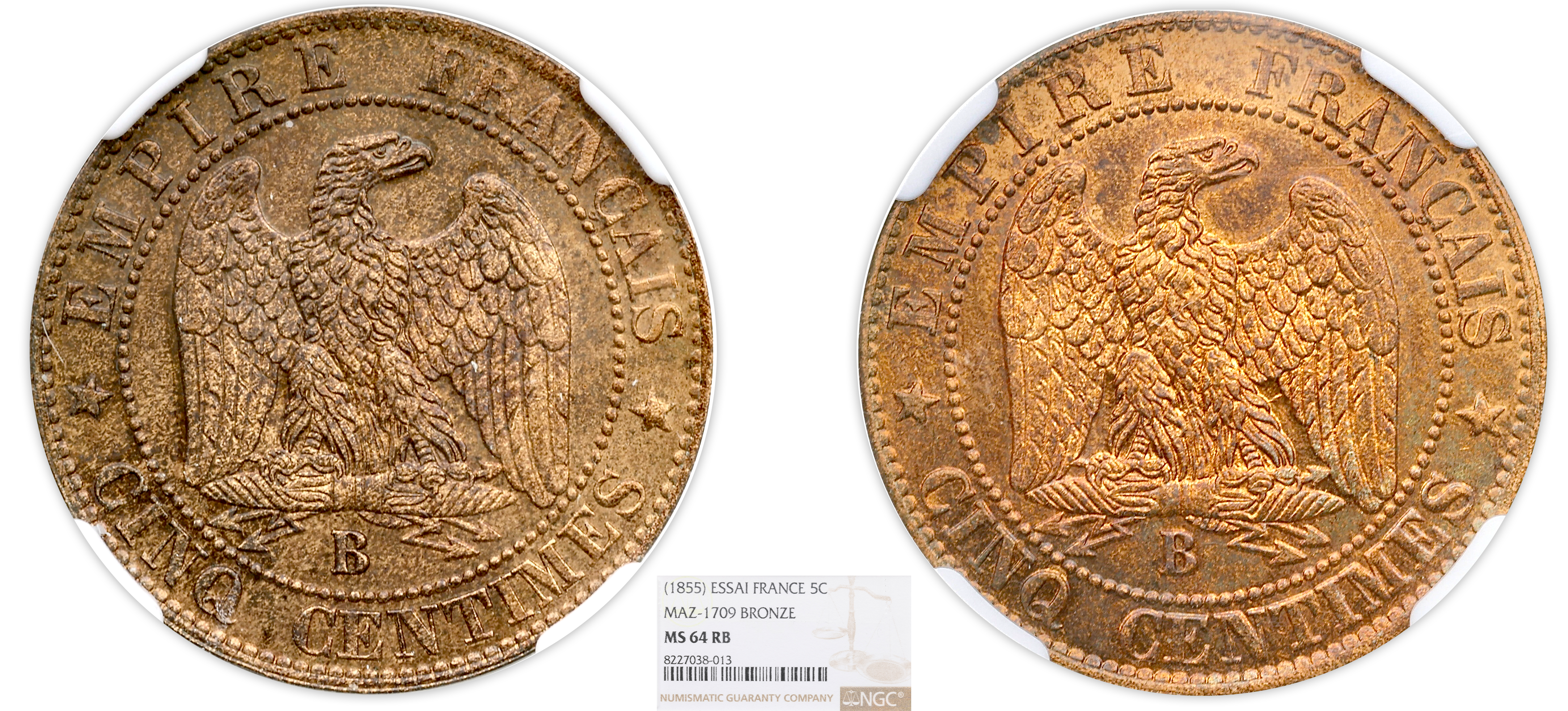 FRANCE - NAPOLÉON III - ESSAI 5 CENTIMES BRONZE 1855 ROUEN - NGC MS64 RB - TOP POP