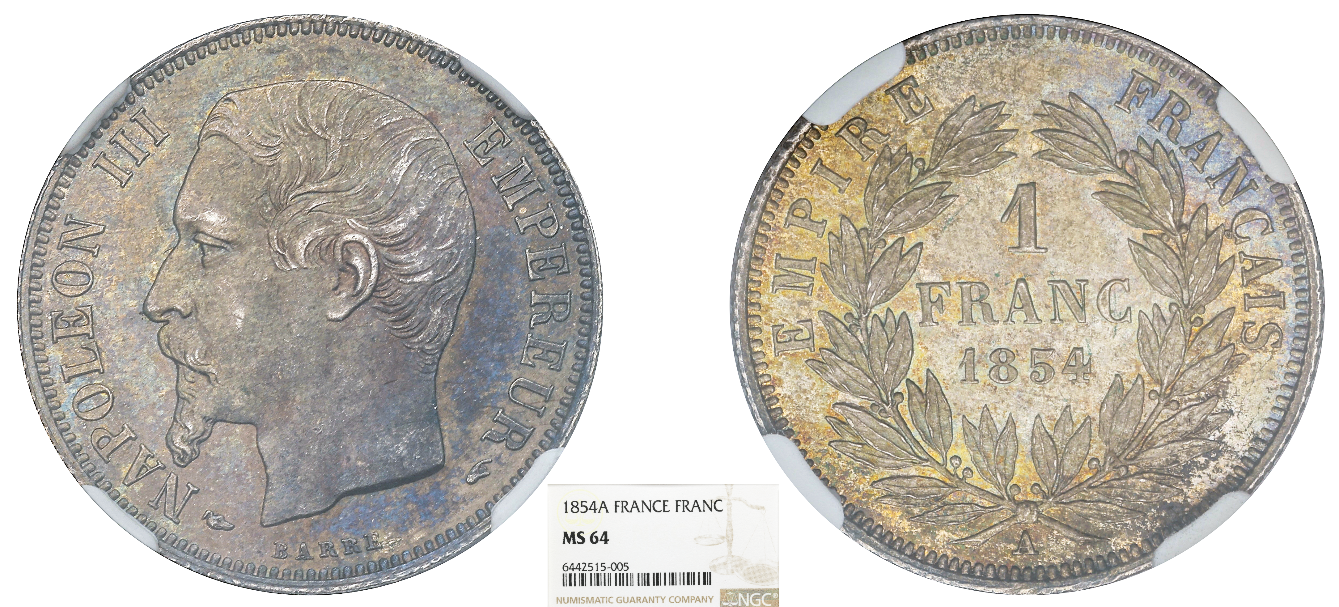 FRANCE - NAPOLÉON III - 1 FRANC 1854 PARIS - NGC MS64 - TOP POP