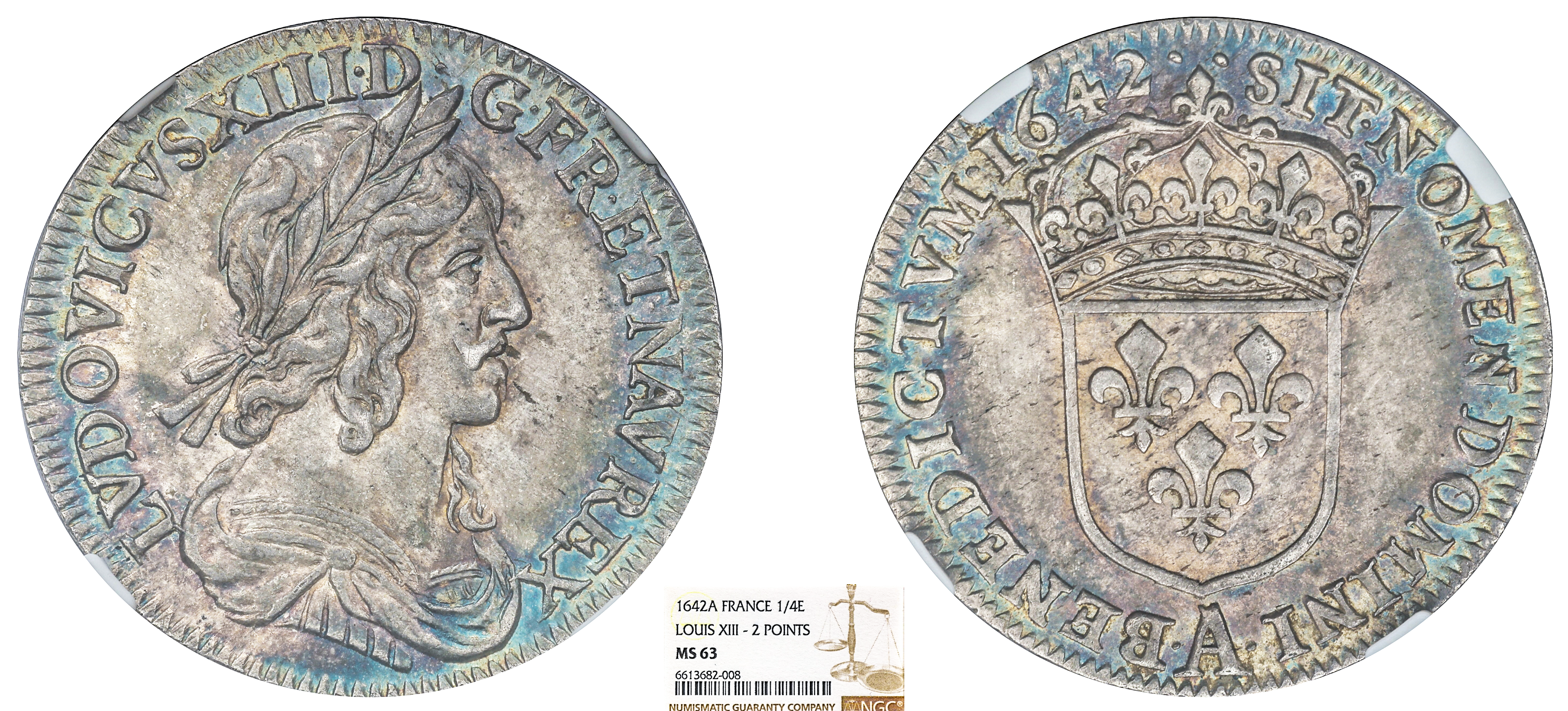 FRANCE - LOUIS XIII - 1/4 ÉCU 1642 PARIS - NGC MS63 - TOP POP