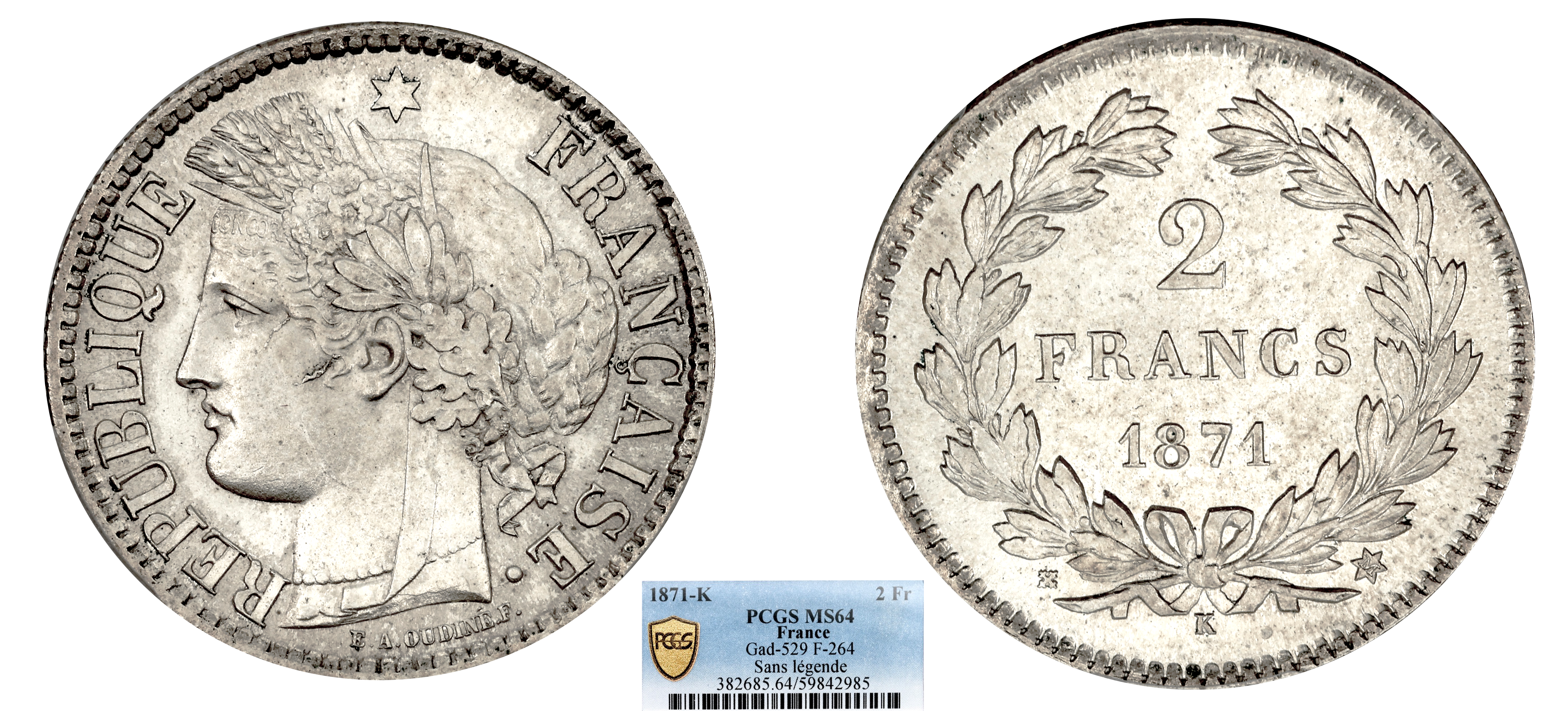 FRANCE - IIIÈME RÉPUBLIQUE - 2 FRANCS CÉRÈS 1871 BORDEAUX - SANS LÉGENDE - PCGS MS64 - TOP POP