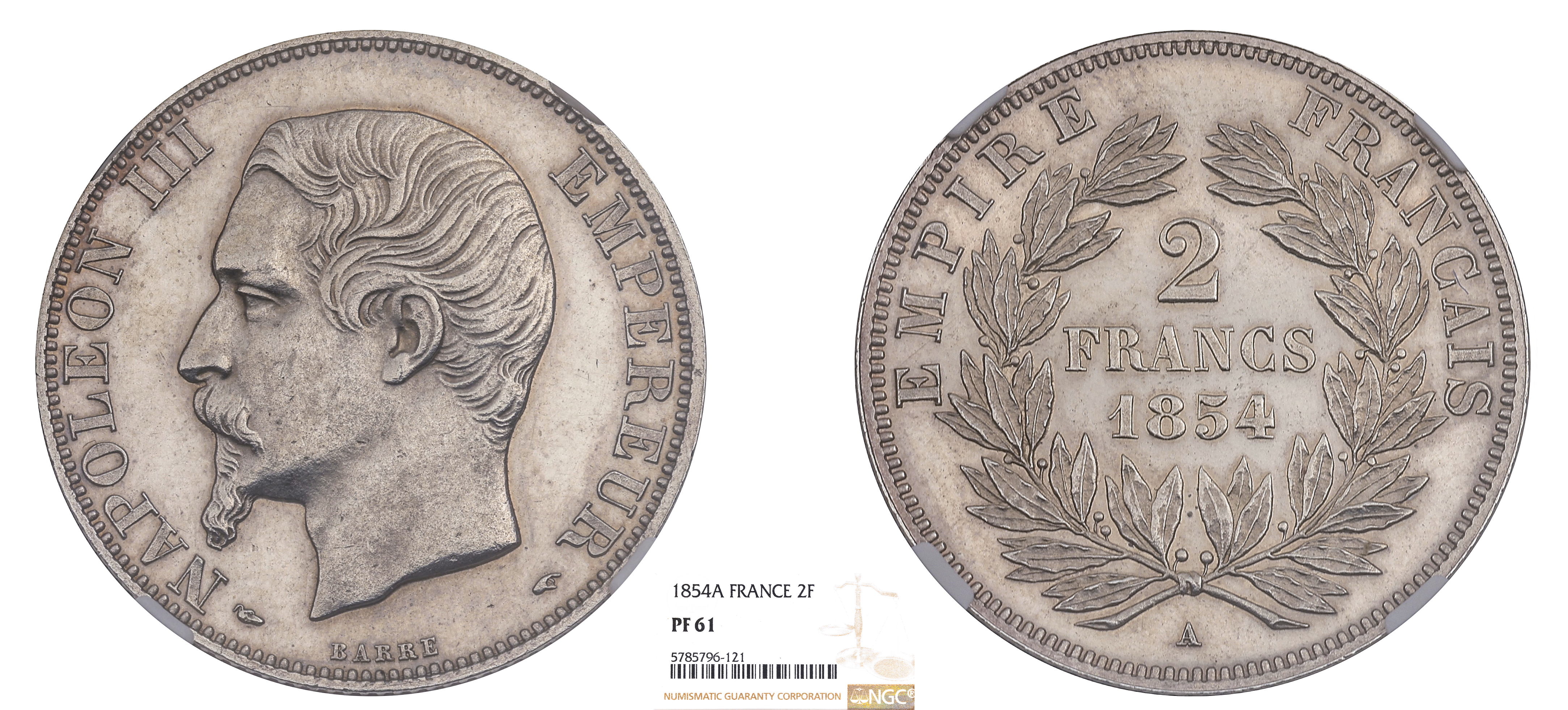 NAPOLÉON III - 2 FRANCS TÊTE NUE 1854 PARIS - FLAN BRUNI - NGC PF61