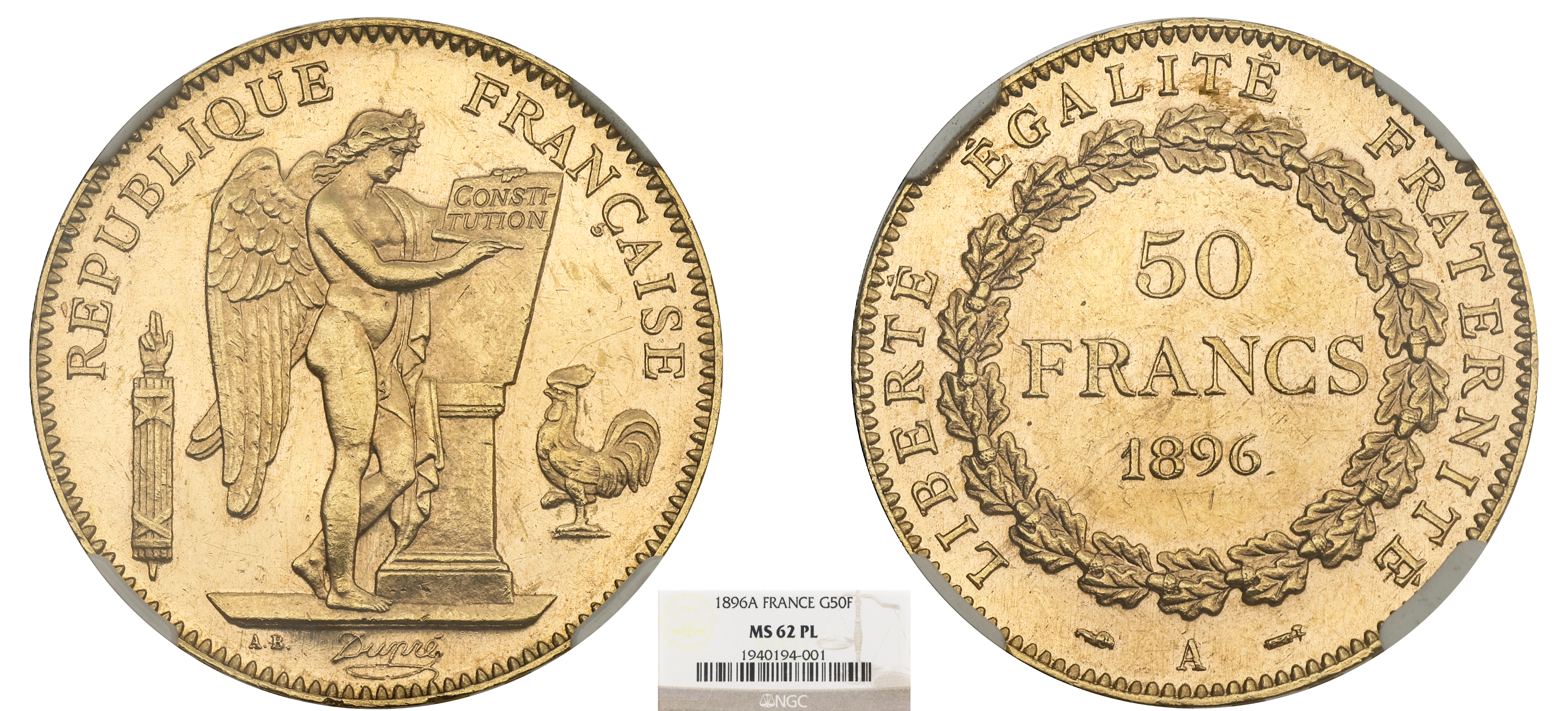 FRANCE - IIIe RÉPUBLIQUE - 50 FRANCS GÉNIE 1896 PARIS - NGC MS62 PL