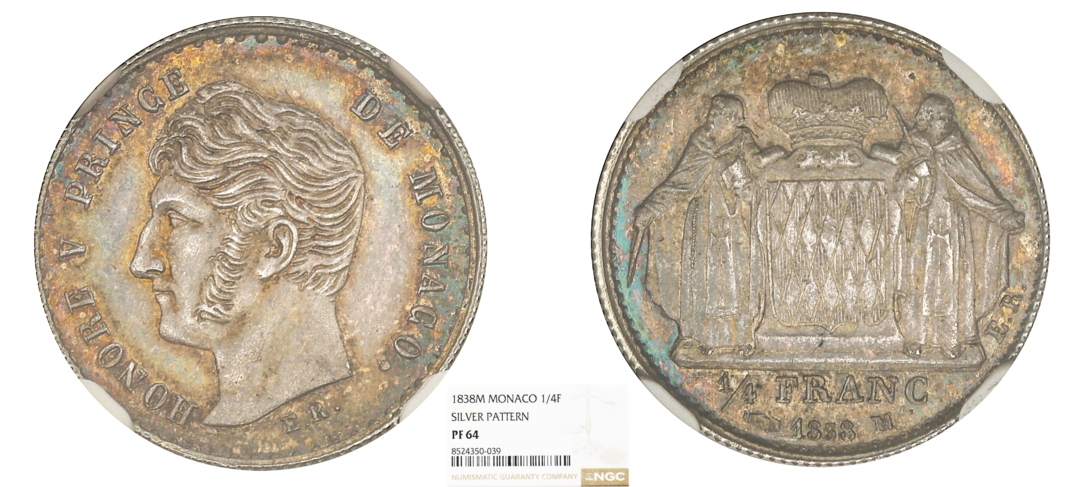 MONACO - HONORÉ V - ESSAI QUART DE FRANC ARGENT 1838 PARIS - NGC PF64 - TOP POP