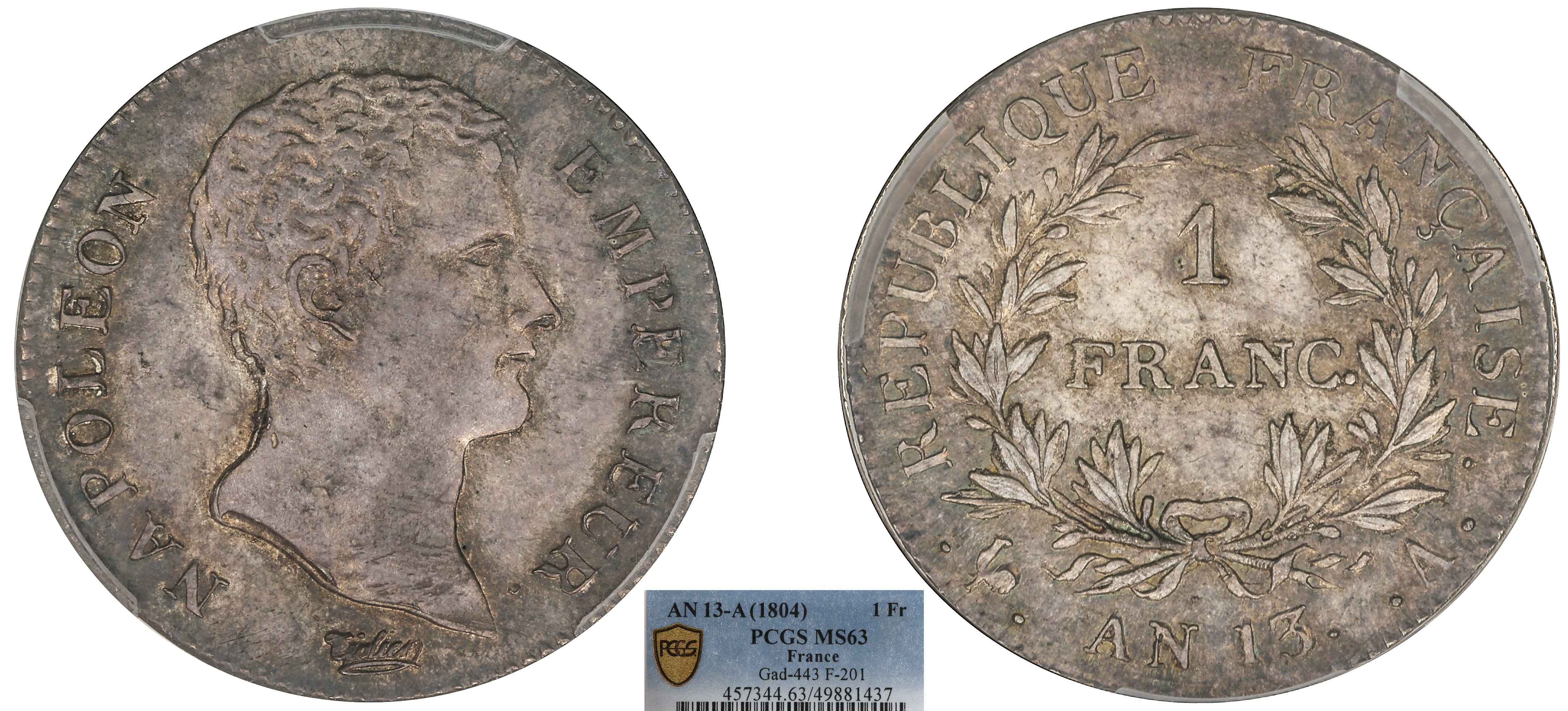 FRANCE - NAPOLÉON IER - 1 FRANC TÊTE NUE AN 13 PARIS - PCGS MS63
