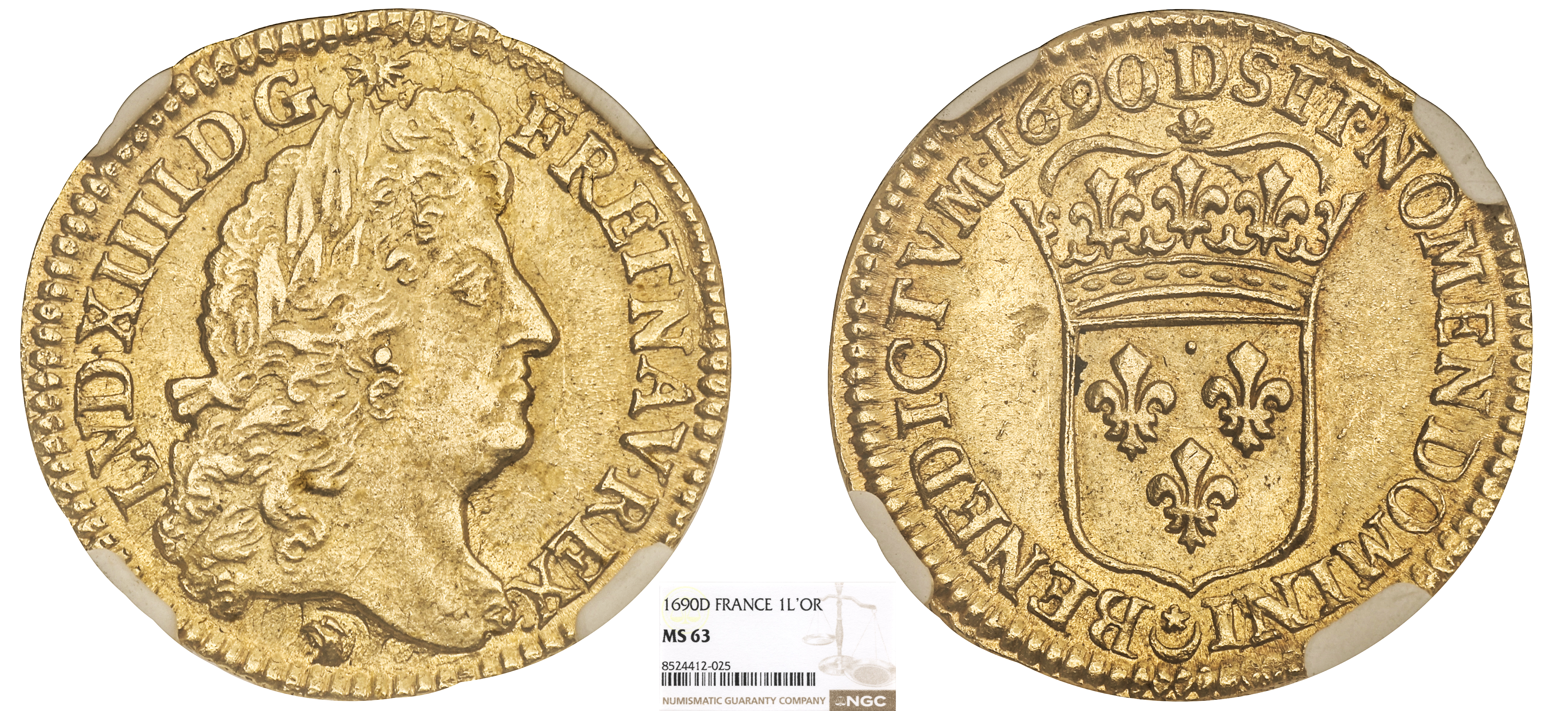 FRANCE - LOUIS XIV - LOUIS D'OR À L'ÉCU 1690 LYON - NGC MS63