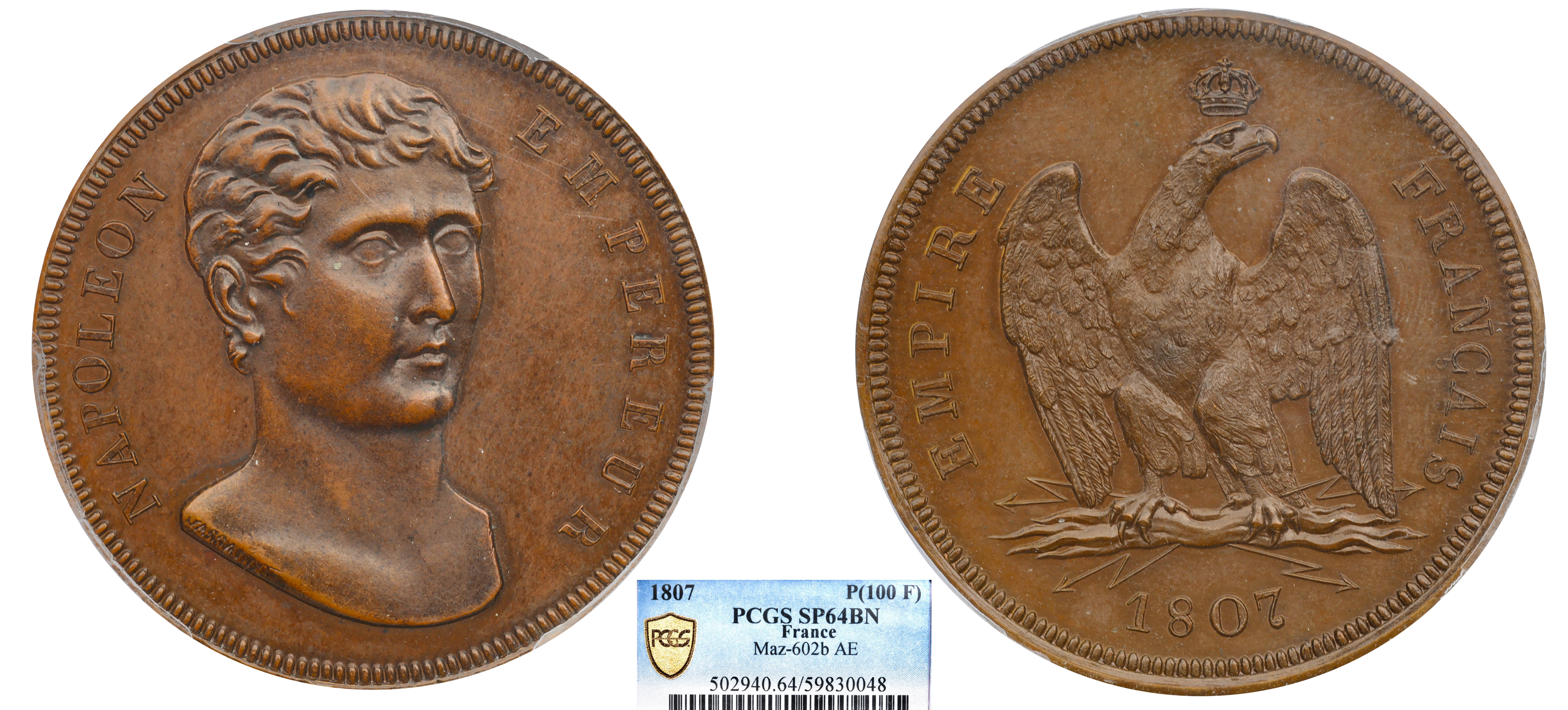 FRANCE - NAPOLÉON - ESSAI 100 FRANCS BRONZE 1807 VASSALLO - PCGS SP64BN - TOP POP