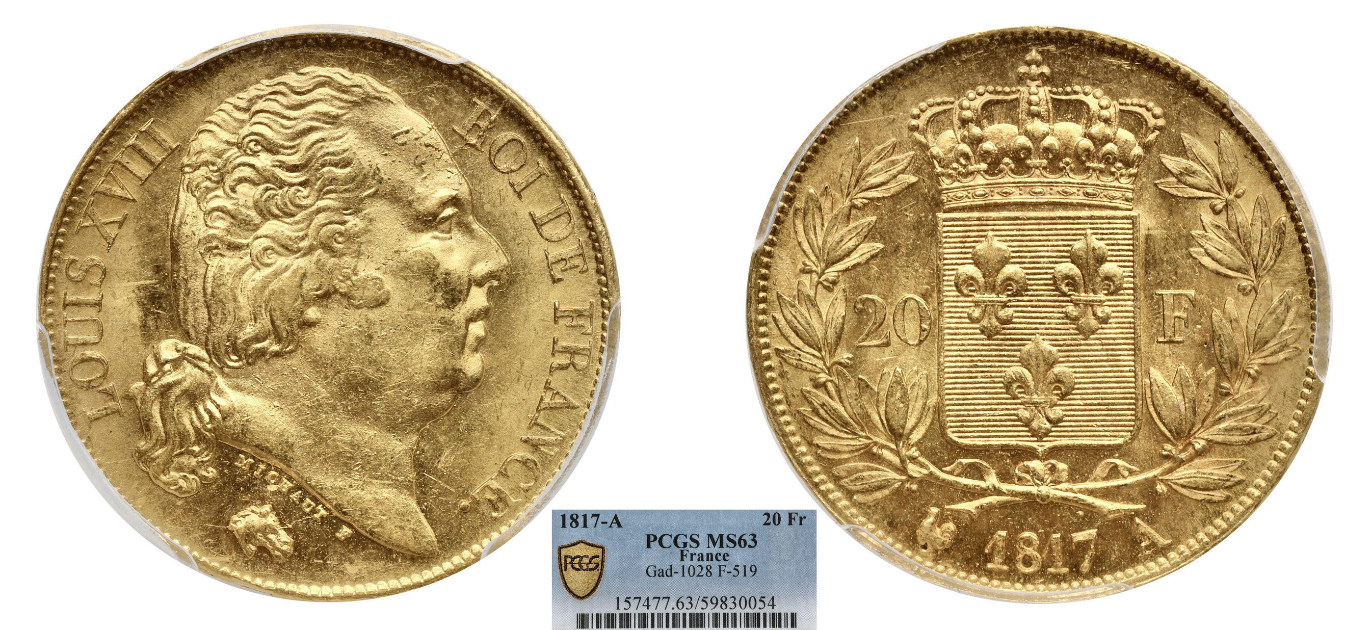 FRANCE - LOUIS XVIII - 20 FRANCS 1817 A - PCGS MS63
