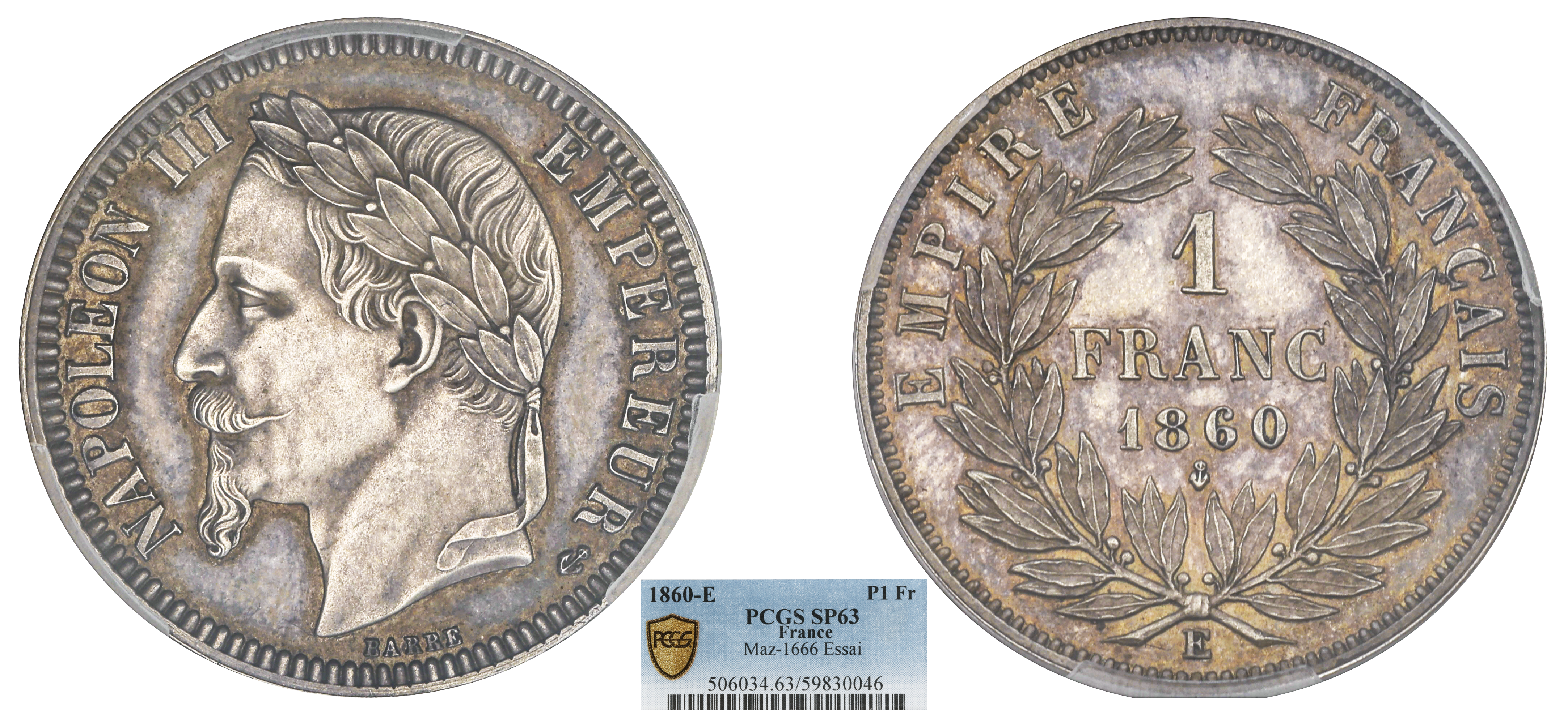 FRANCE - NAPOLÉON III - ESSAI 1 FRANC ARGENT 1860 - PCGS SP63
