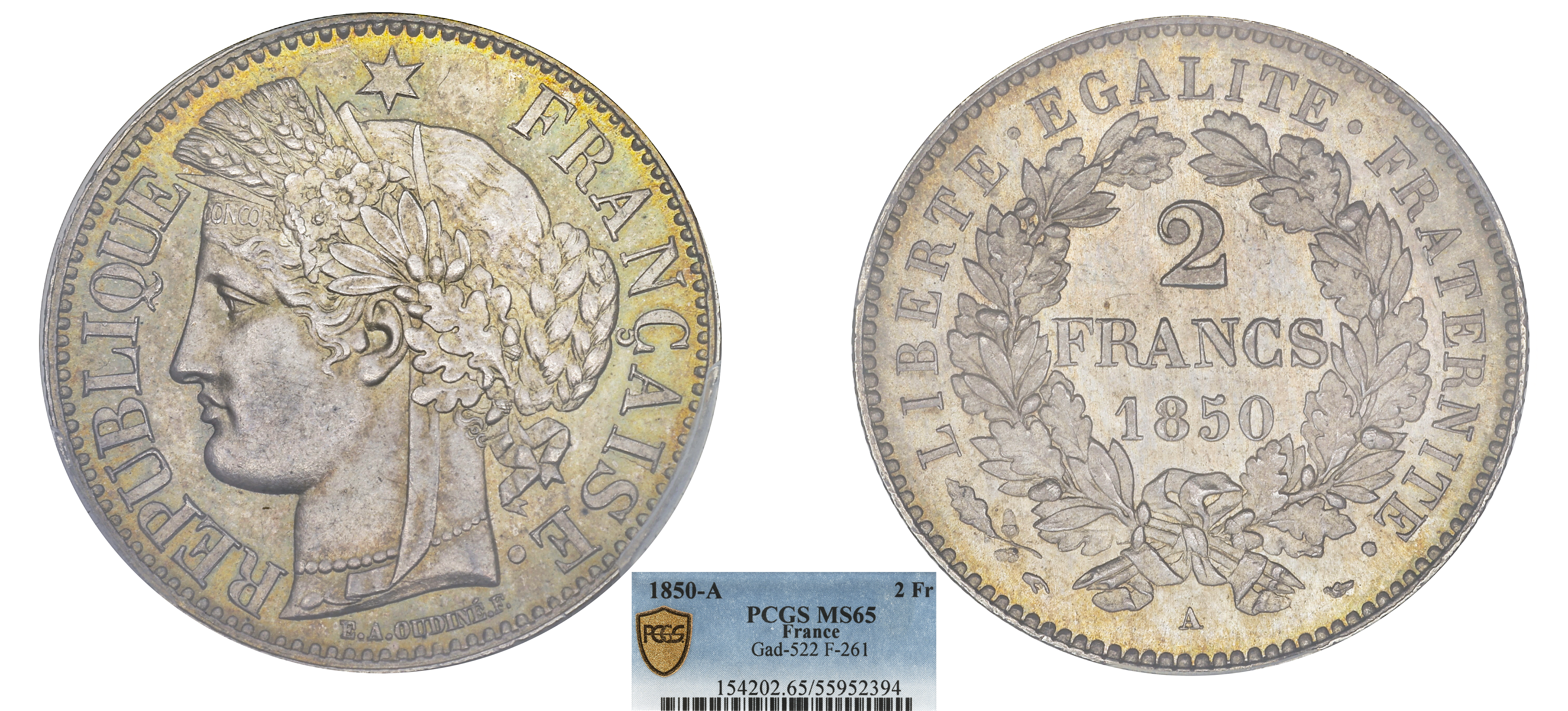 FRANCE - IIe RÉPUBLIQUE - 2 FRANCS CÉRÈS 1850 PARIS - PCGS MS65