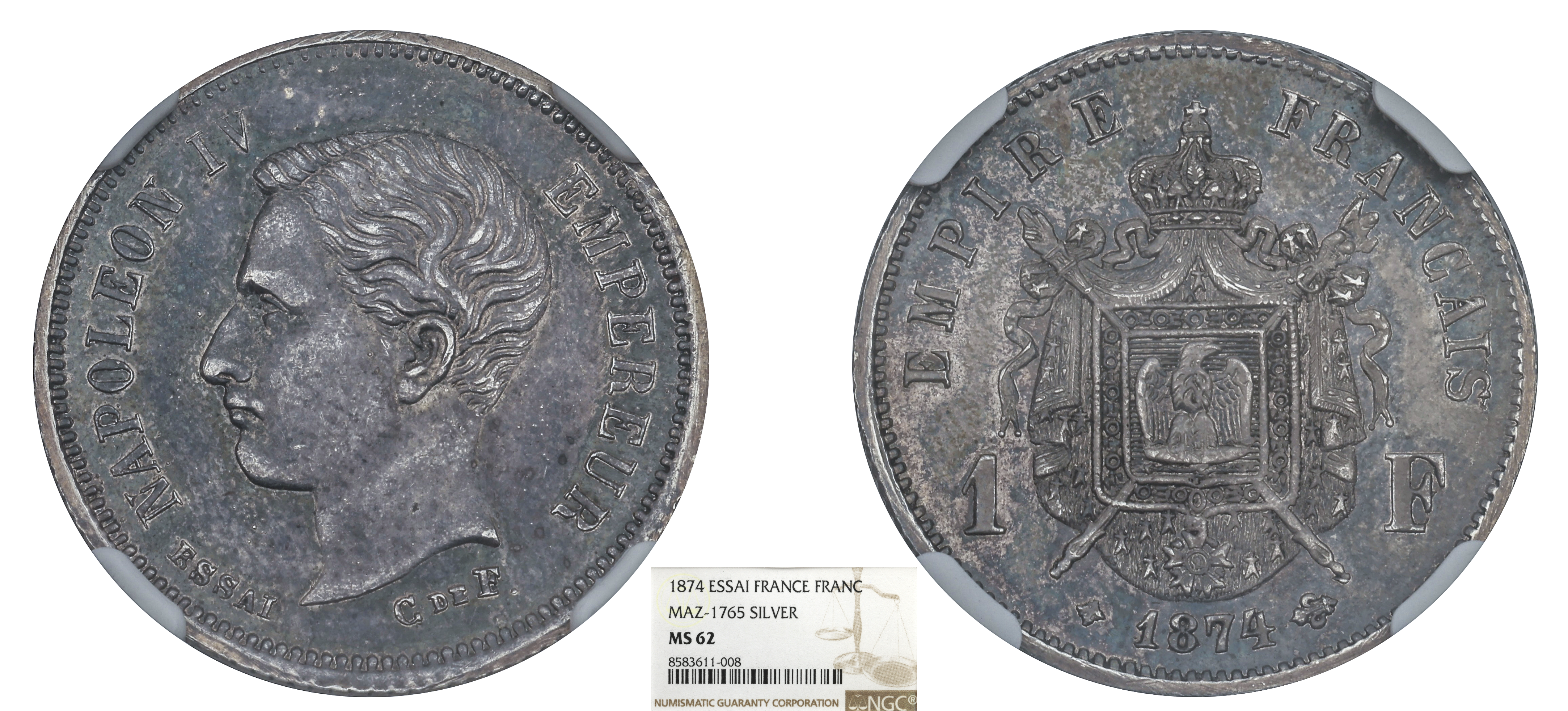 FRANCE - NAPOLÉON IV - ESSAI 1 FRANC ARGENT 1874 - NGC MS62