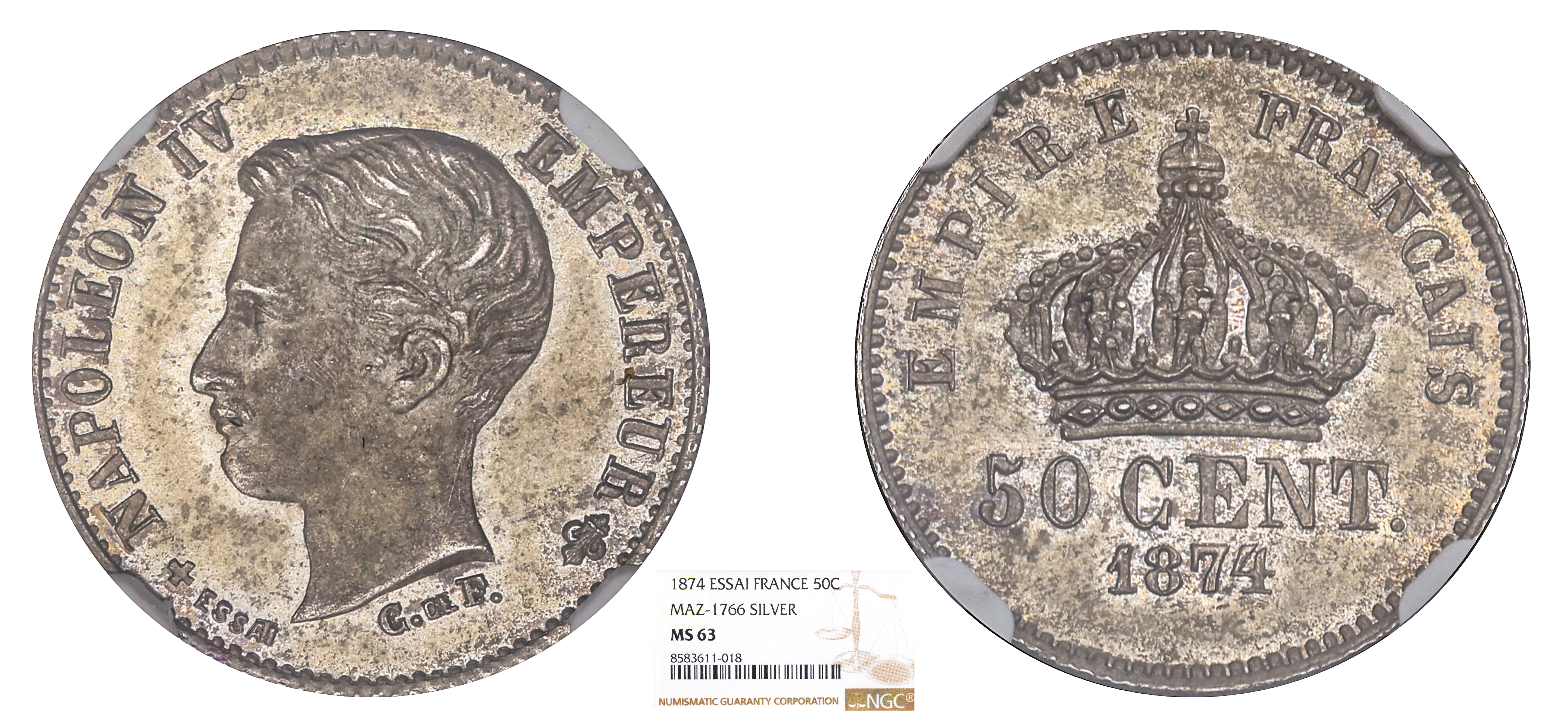 FRANCE - NAPOLÉON IV - ESSAI 50 CENTIMES ARGENT 1874 - NGC MS63