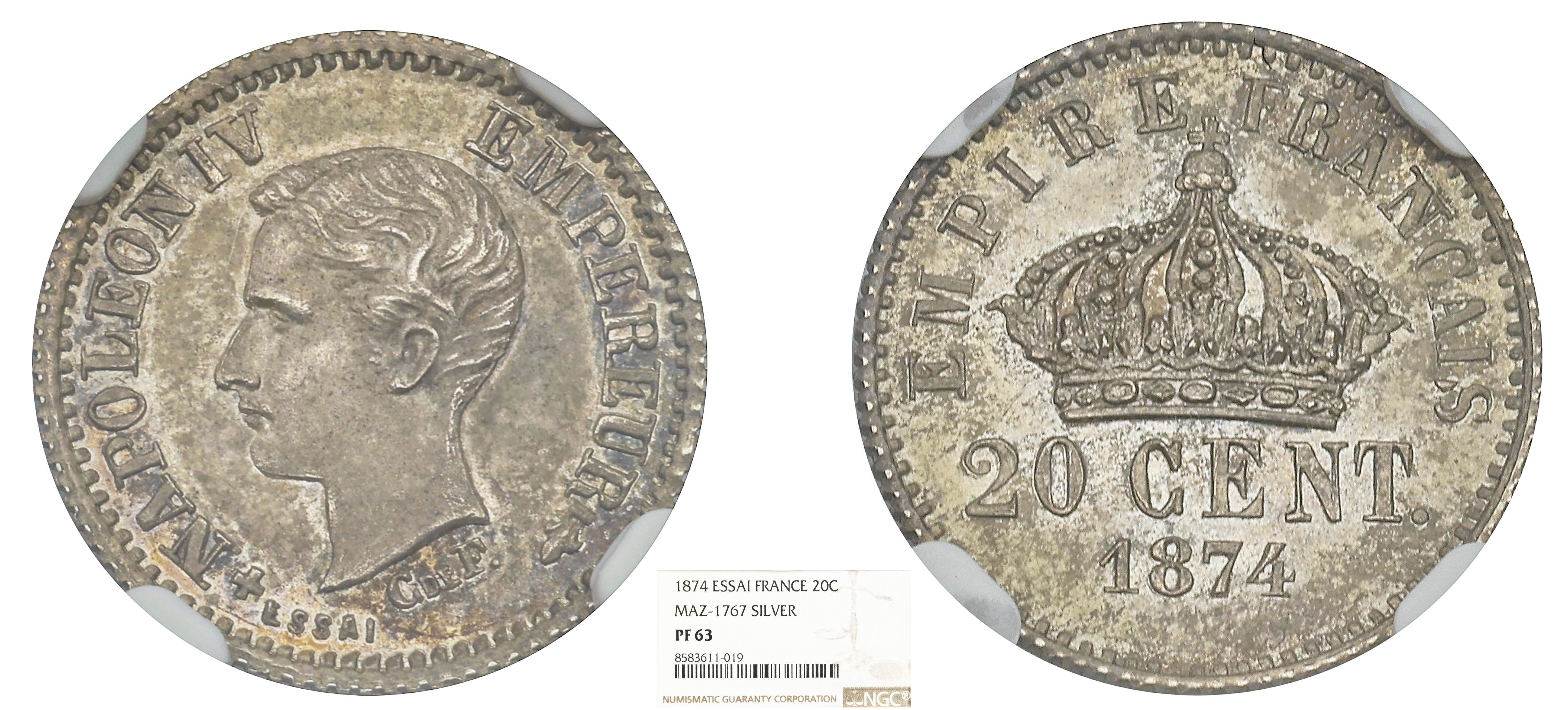 FRANCE - NAPOLÉON IV - ESSAI 20 CENTIMES ARGENT 1874 - NGC PF63