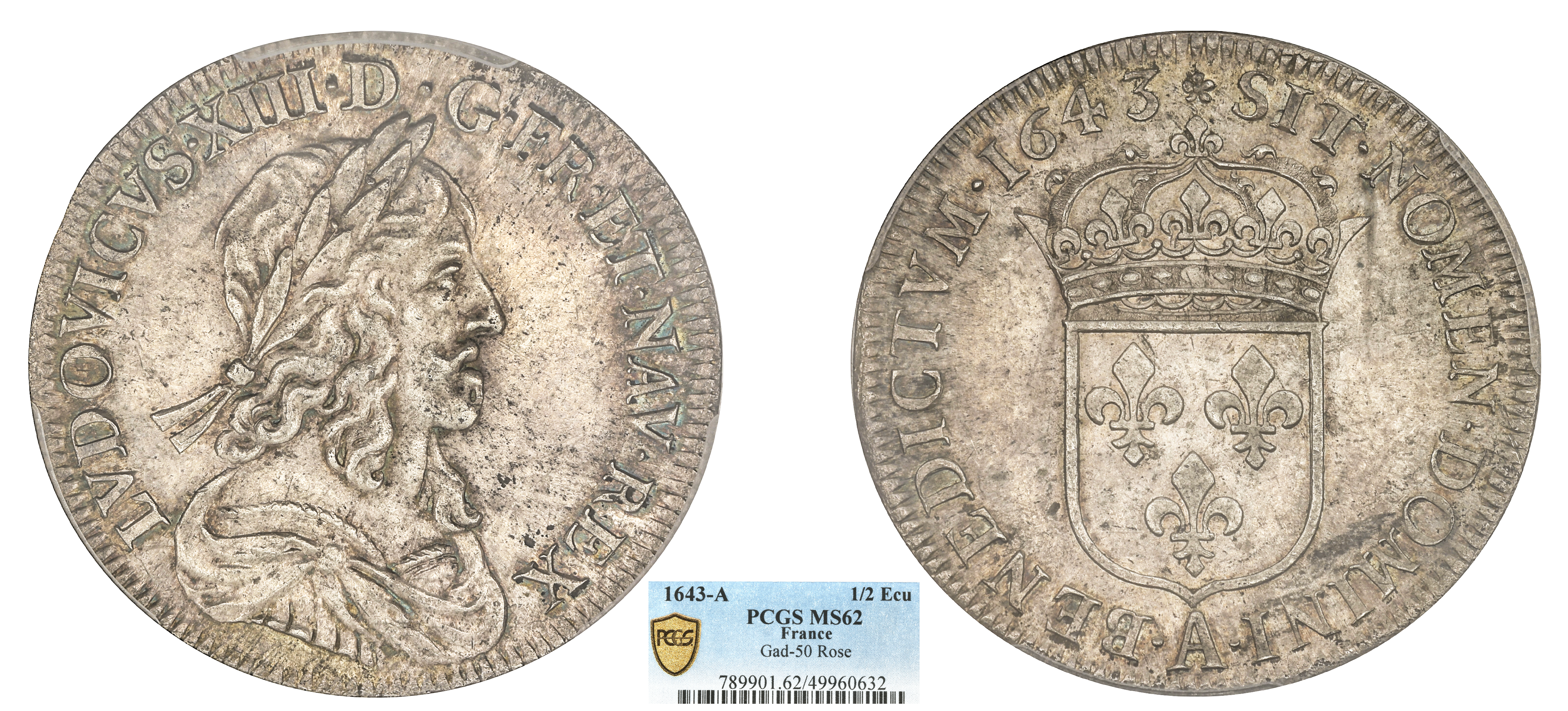 FRANCE - LOUIS XIII - DEMI-ÉCU 1643 PARIS - PCGS MS62 - TOP POP