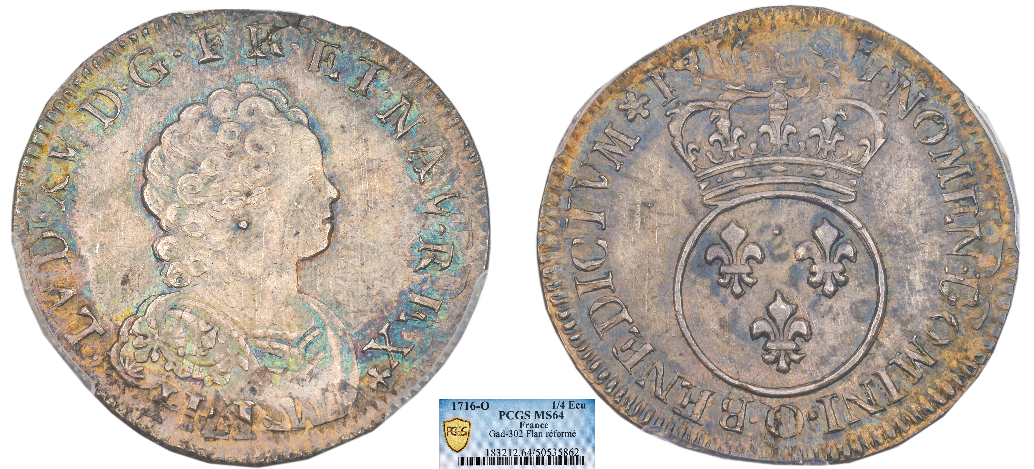 FRANCE - LOUIS XV - QUART D'ÉCU VERTUGADIN 1716 RIOM - PCGS MS64