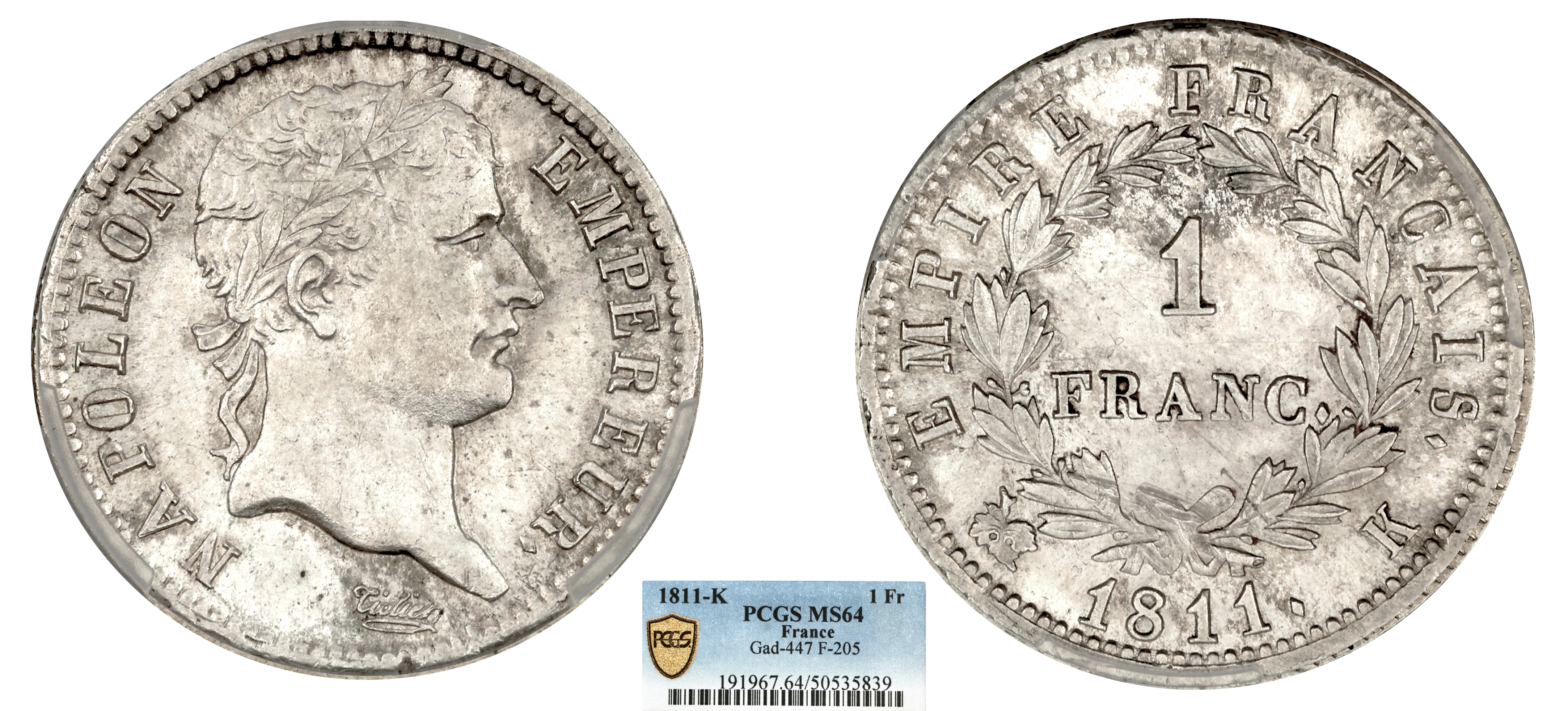 FRANCE - NAPOLÉON IER - 1 FRANC 1811 BORDEAUX - PCGS MS64 - TOP POP